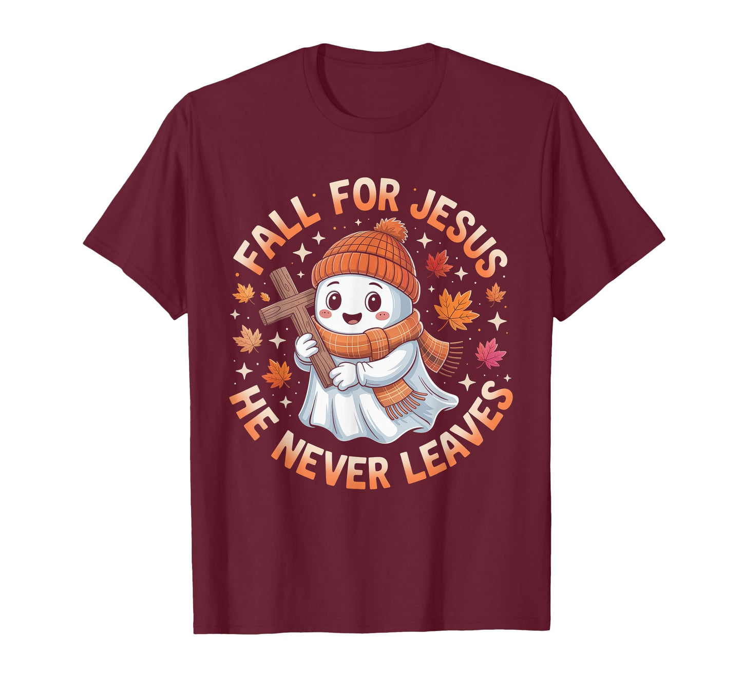 Fall for Jesus He Never Leave Cute Ghost Retro Halloween T-Shirt