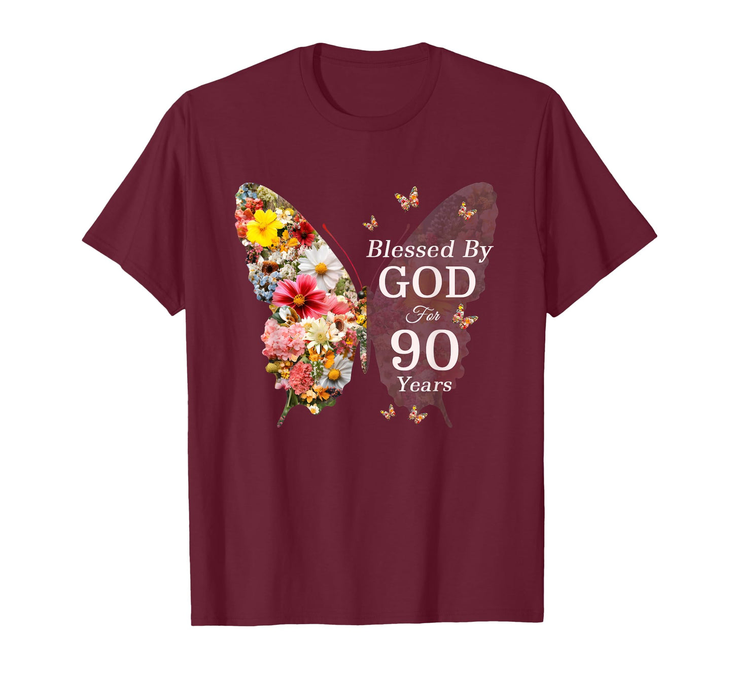 Blessed By God For 90 Years Butterfly Flower 90th Birthday T-Shirt