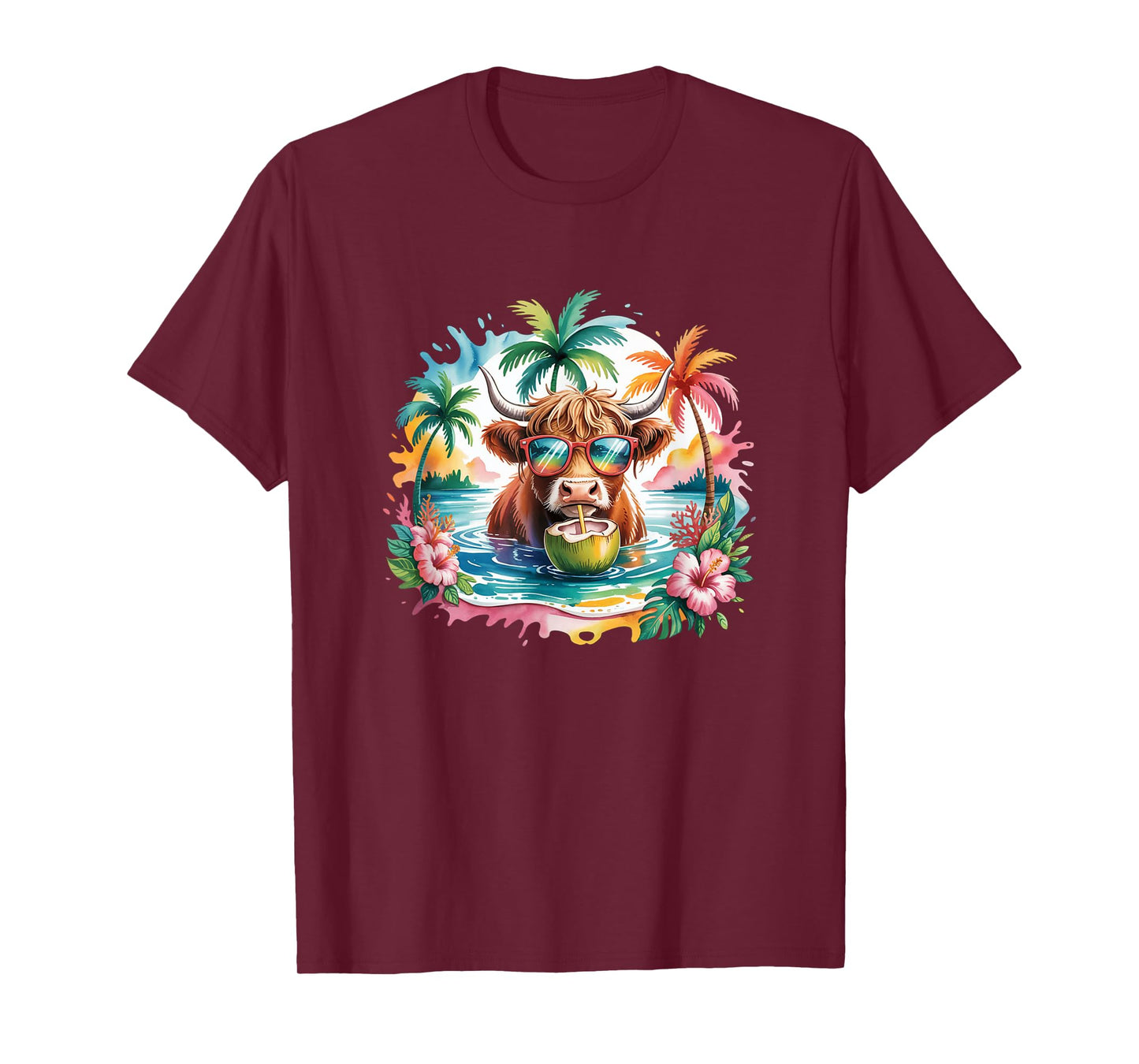 Tropical Highland Cow Summer Vibes Funny Beach Girls Women T-Shirt
