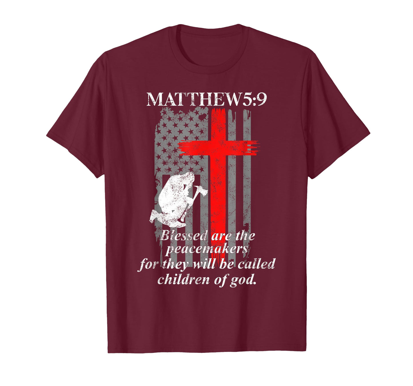 Thin Red Line Fireman Cross Bible Verse Firefighter USA Flag T-Shirt