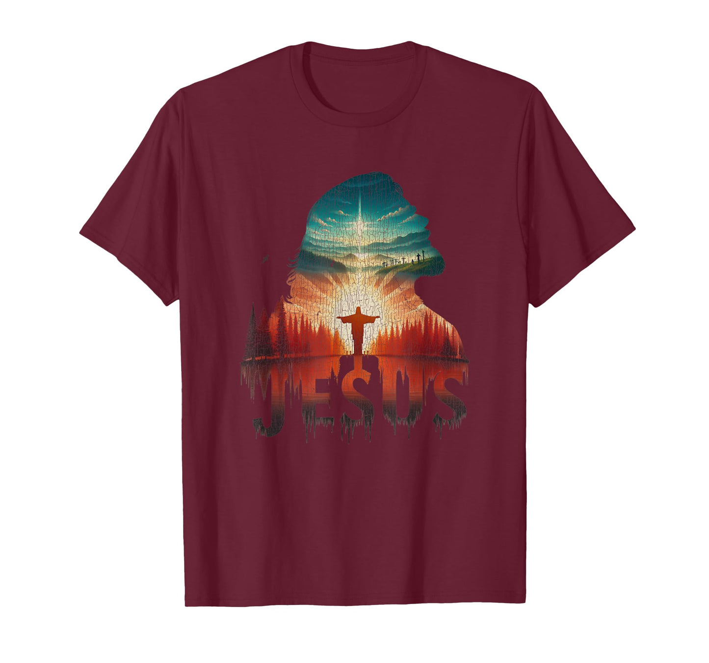 Vintage Jesus Christ Portrait Retro Sunset Mountain T-Shirt