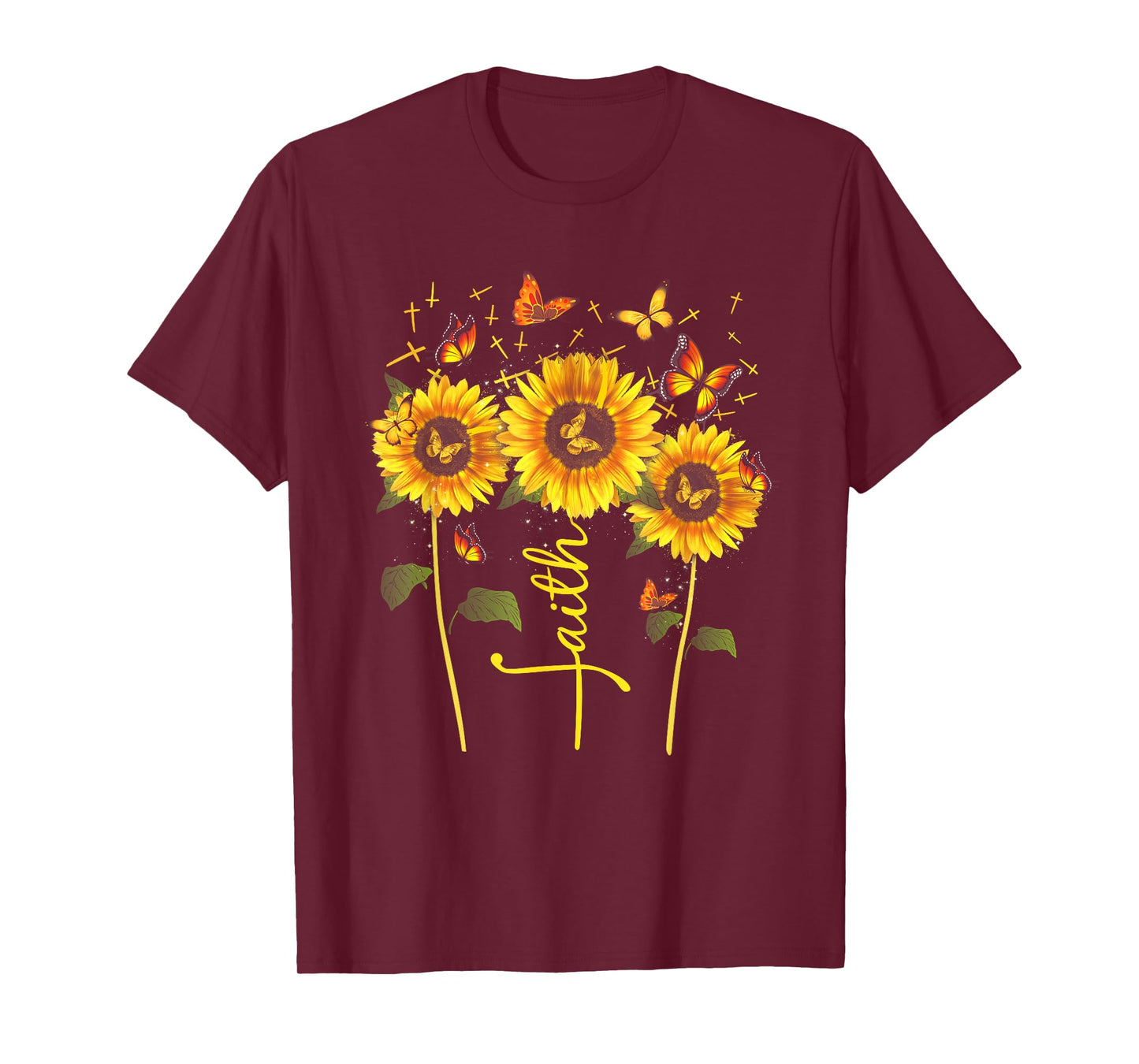 Vintage Faith Cross Sunflower Butterflies Flowers Christians T-Shirt