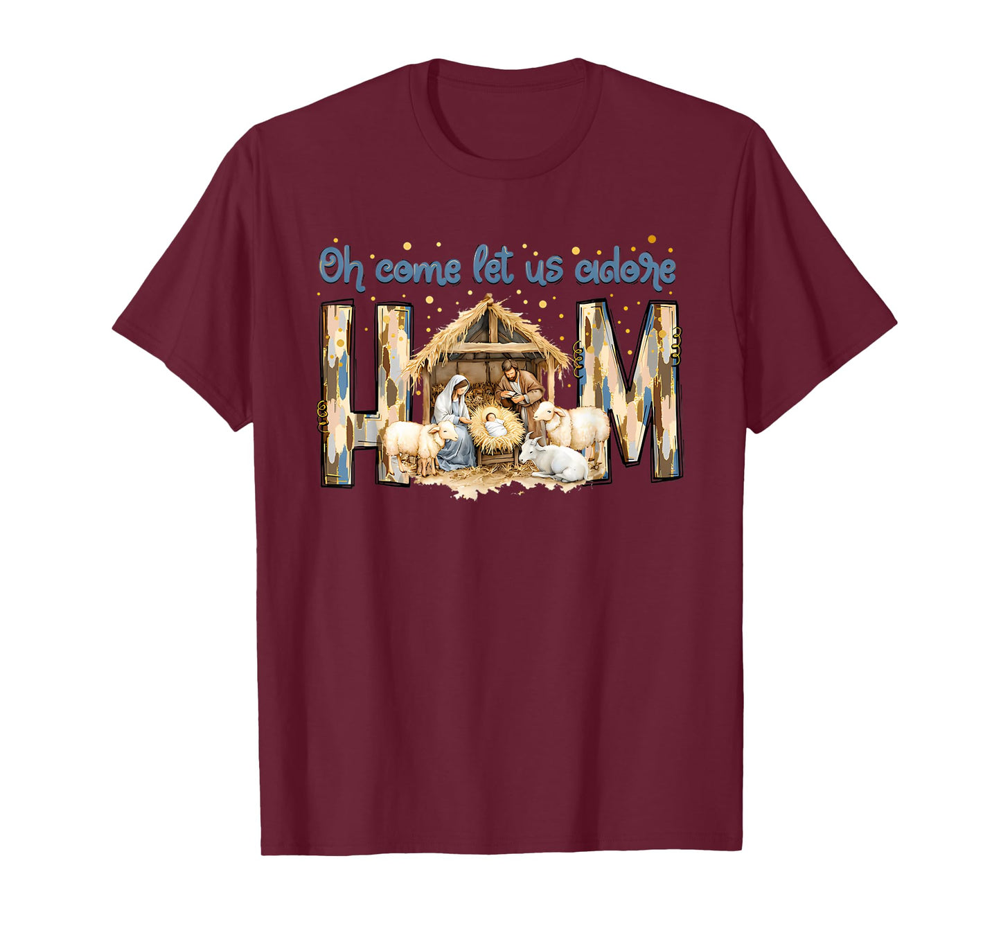Oh Come Let Us Adore Him Vintage Jesus Christmas T-Shirt - Unisex-Adults, Unisex-Kids - Black - Small - Short Sleeve - Christmas-Themed Jesus T-Shirt