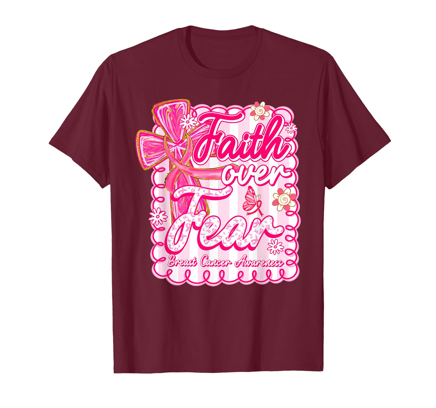 Faith Over Fear Coquette Bow Plaid Breast Cancer Awareness T-Shirt