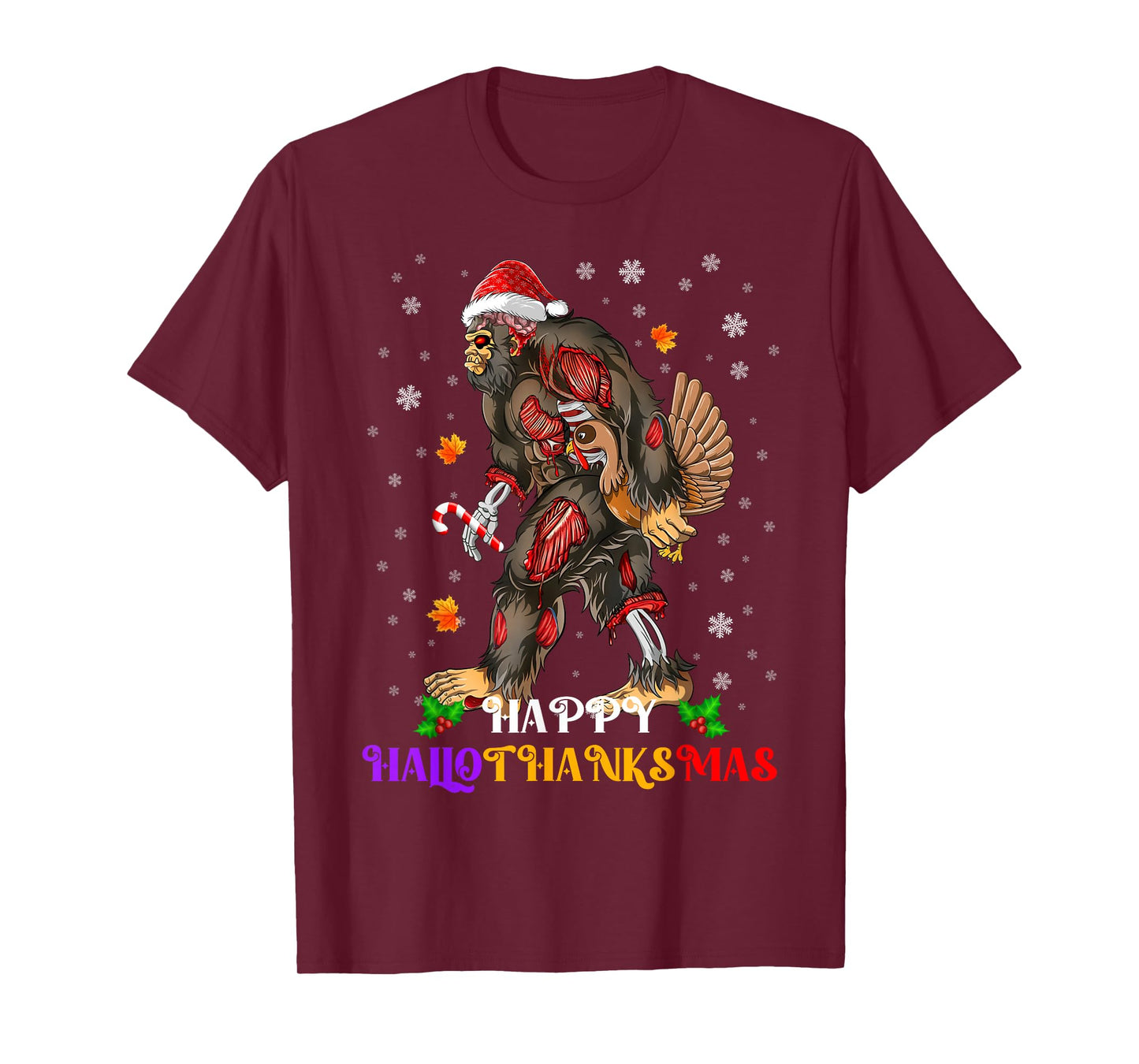 Happy Hallothanksmas Bigfoot Halloween Thanksgiving Xmas T-Shirt