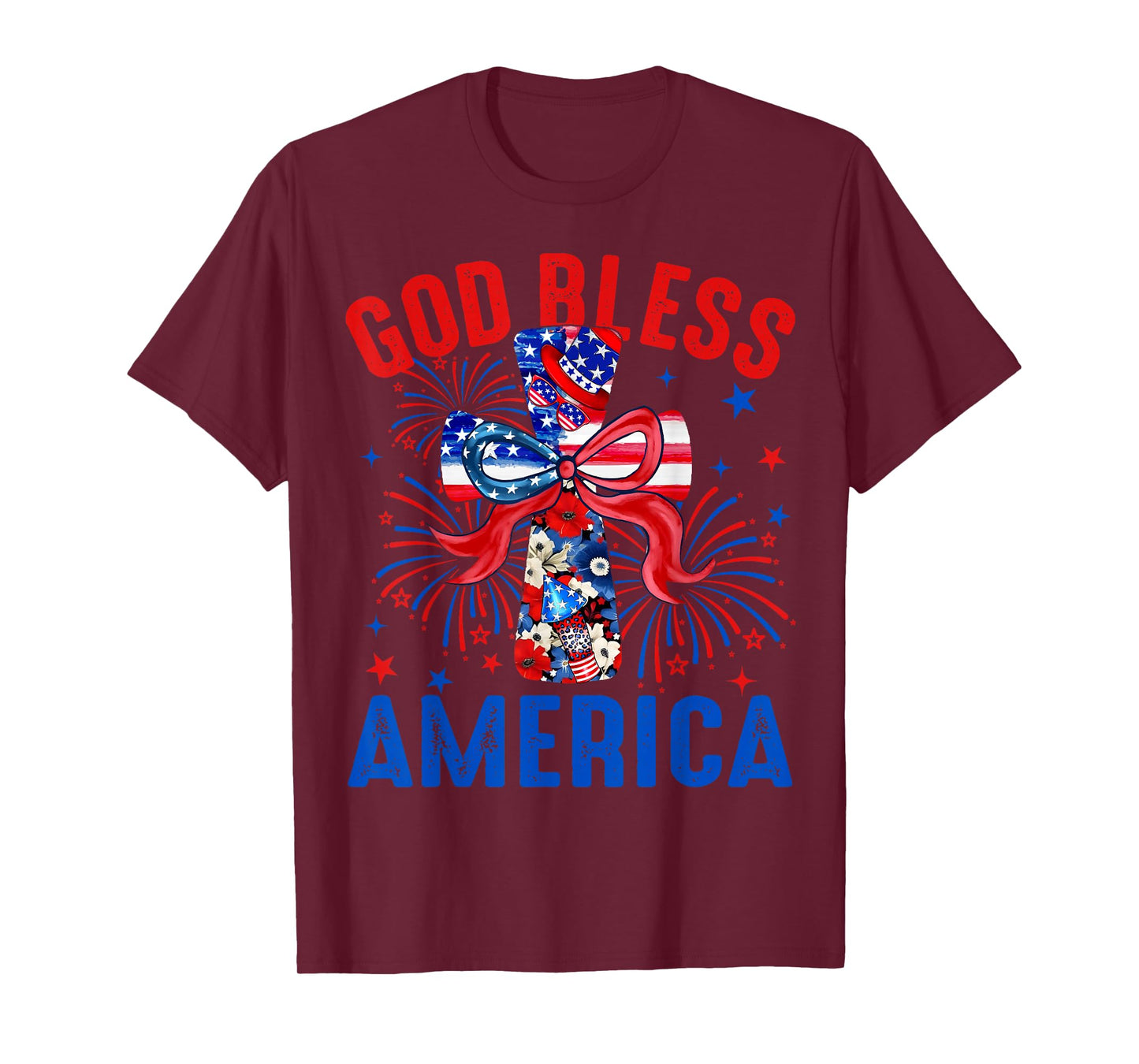 God Bless America Coquette Bow Cross 4th July Christian T-Shirt