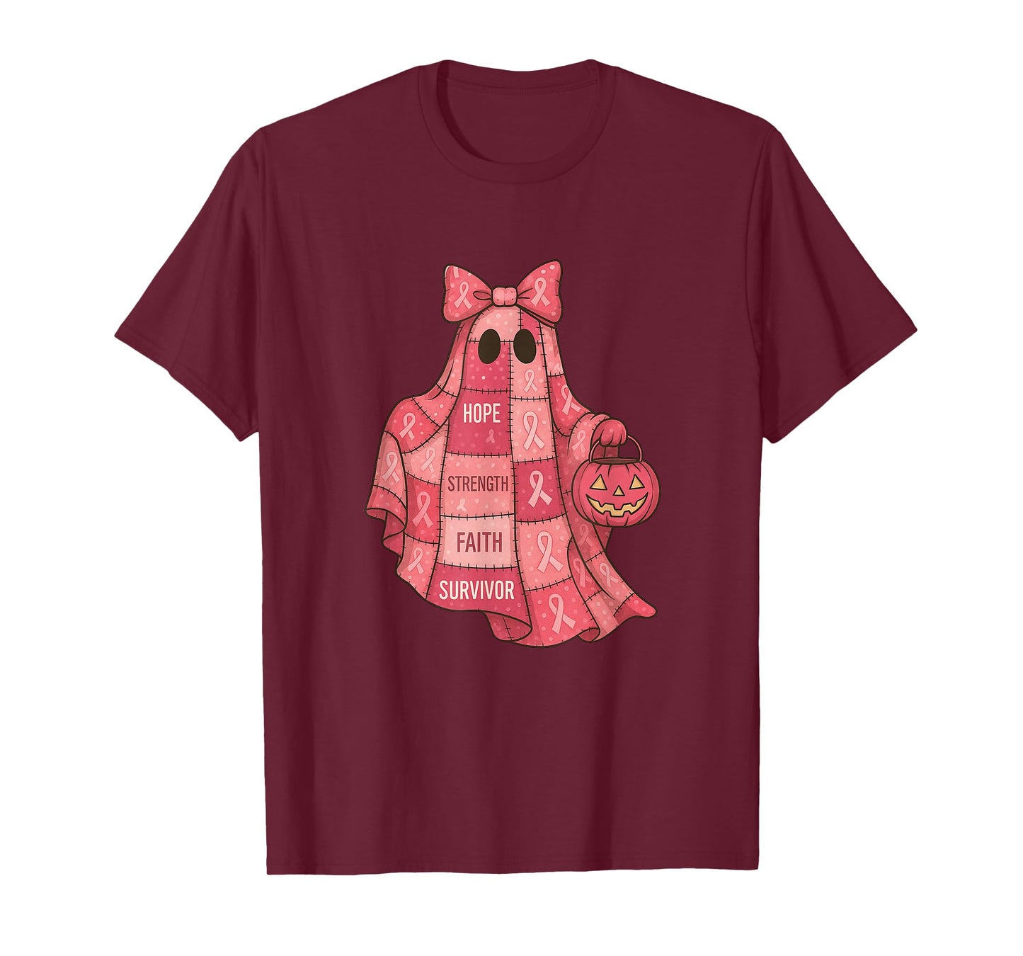 Breast Cancer Awareness Ghost, Pink Ribbon Patchwork Ghost T-Shirt