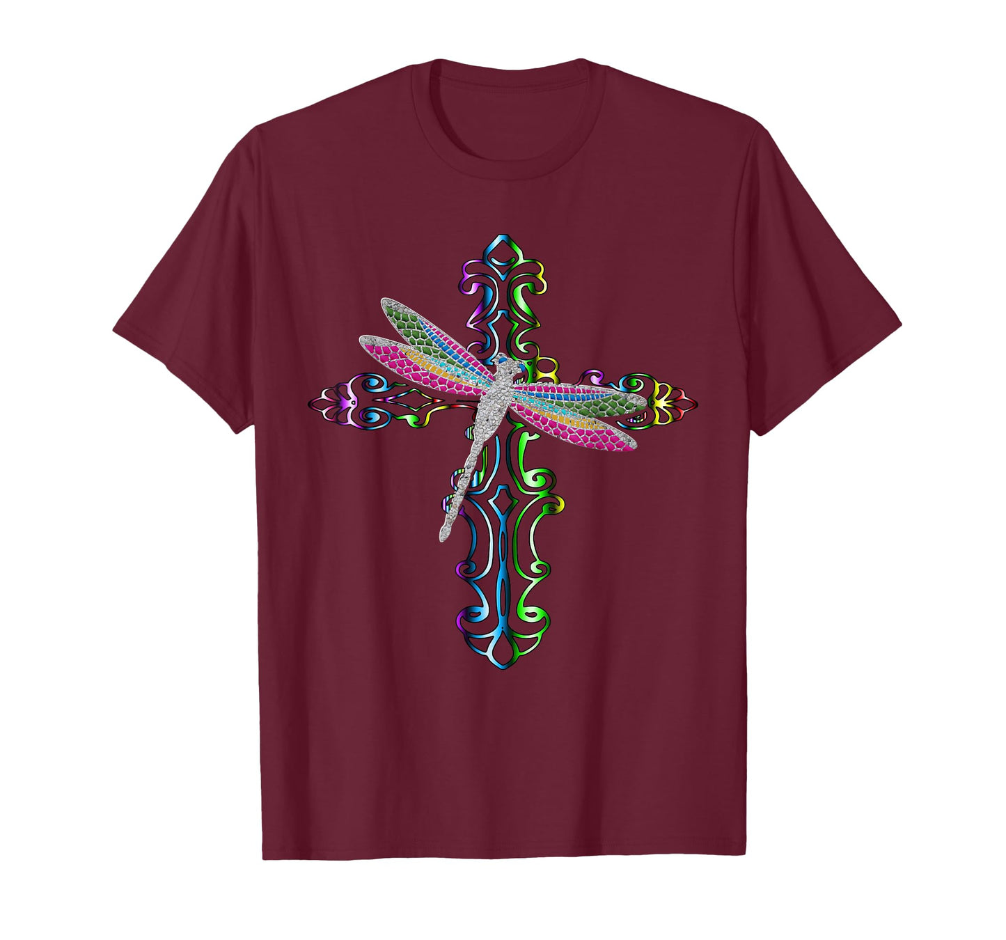 Rainbow Dragonfly Cross Christian Religious Faith Jesus T-Shirt