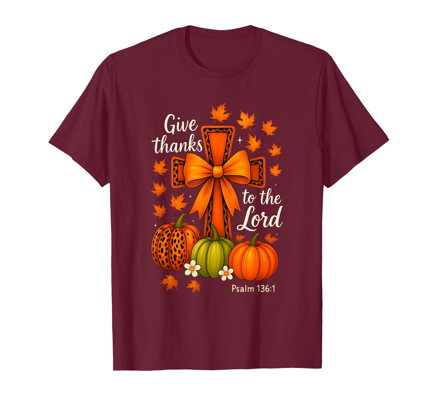 Give Thanks to The Lord Fall Christian Cross Coquette Bow T-Shirt