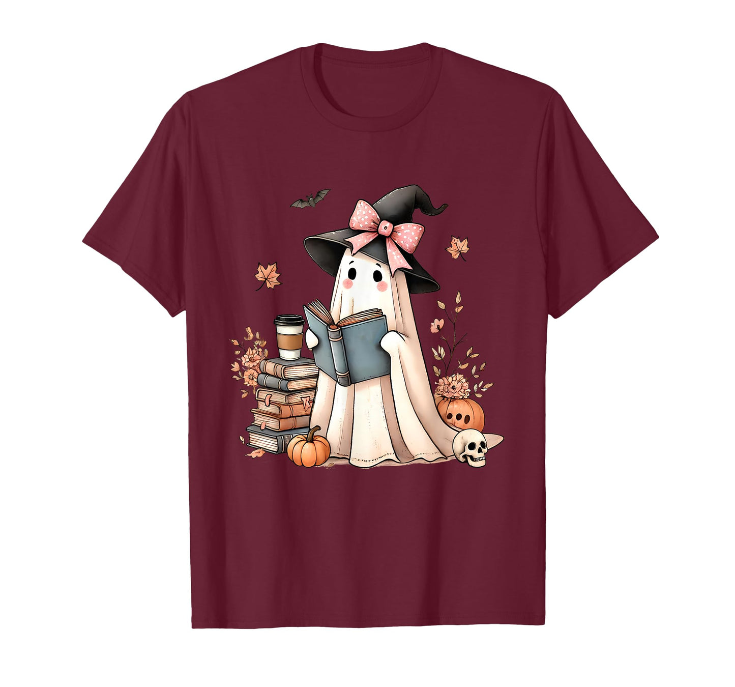 Cute Ghost Reading Book Lovers Halloween Ghost Coffee Women T-Shirt