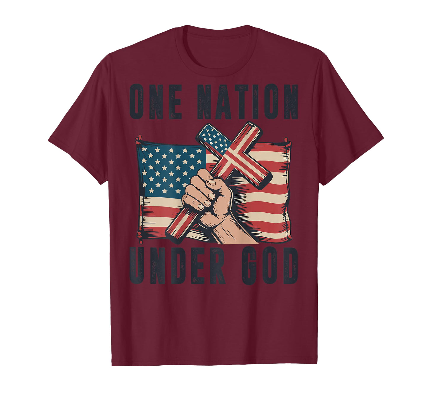 One Nation Under God Christian Patriotic Cross American Flag T-Shirt