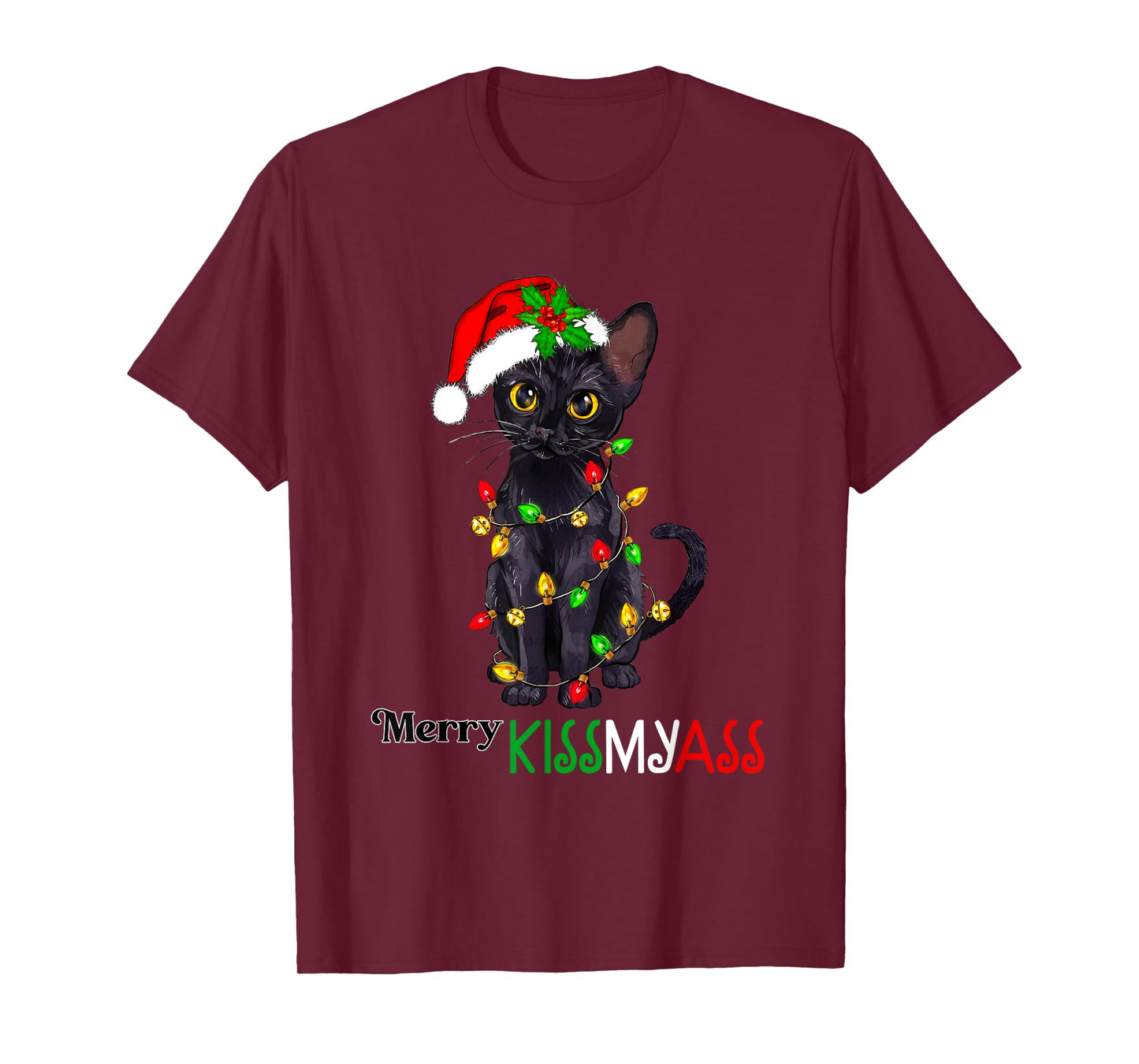Funny Black Cat Merry Kissmyass Xmas Pajamas Chritsmas T-Shirt for Men Women
