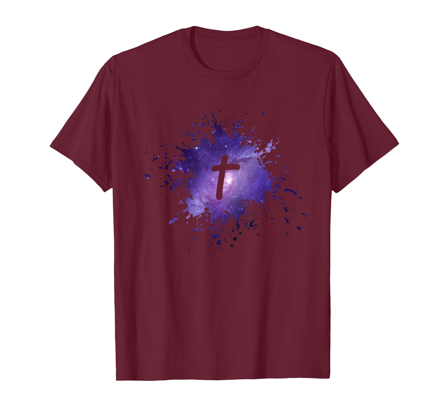 Purple Galaxy Splatter Design with Cross Christian Men Women T-Shirt
