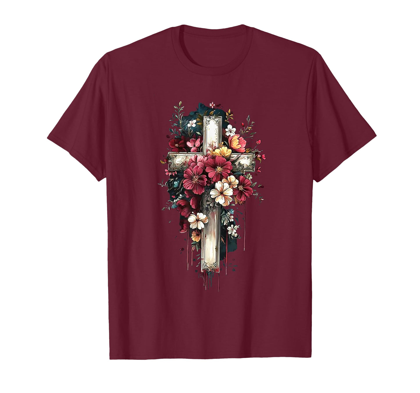 Retro Faith Floral Cross Flowers Blooming Cross Christian T-Shirt