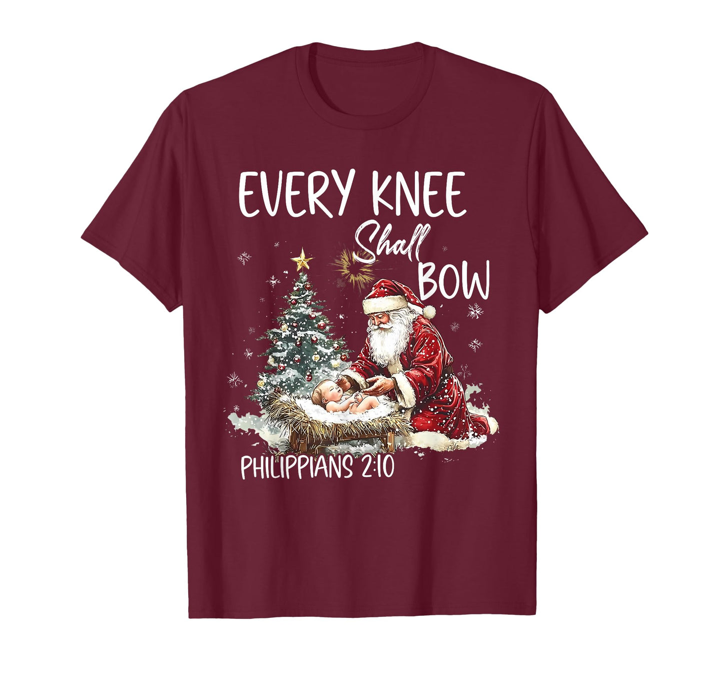 Vintage Every Knee Shall Bow Santa Clause Religious Xmas T-Shirt