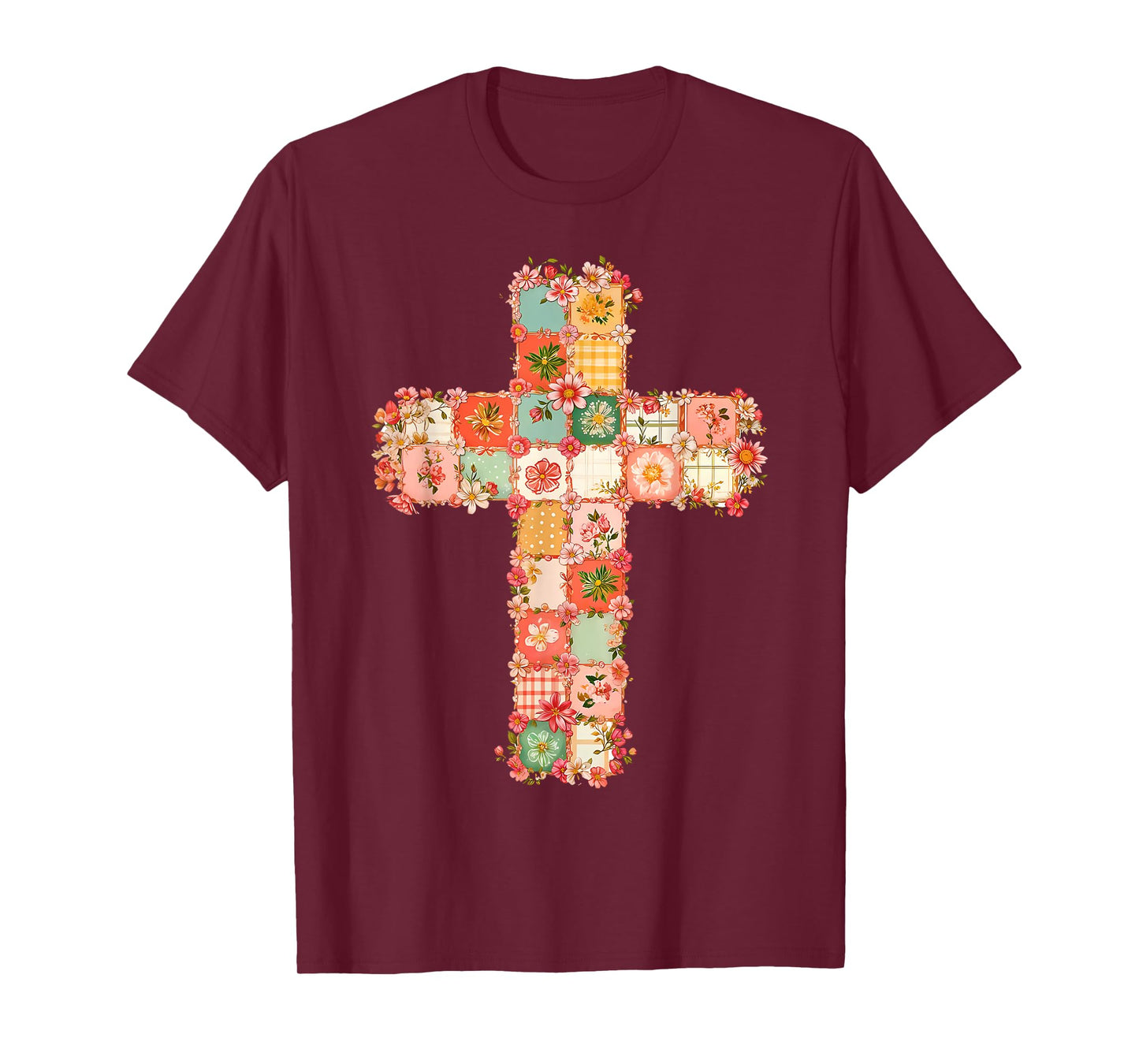 Vintage Christian Cross Floral Patchwork Religious Jesus T-Shirt