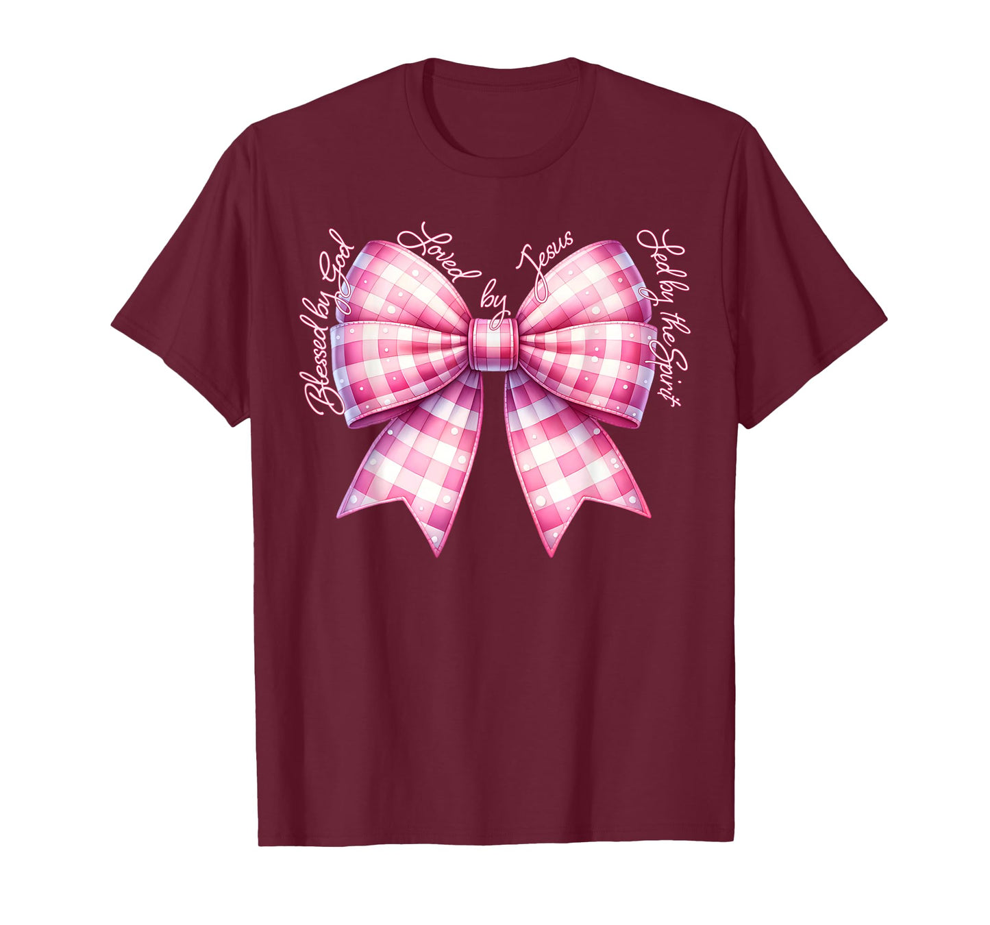 Blessed By God Loved By Jesus Pink Gingham Coquette Bow T-Shirt
