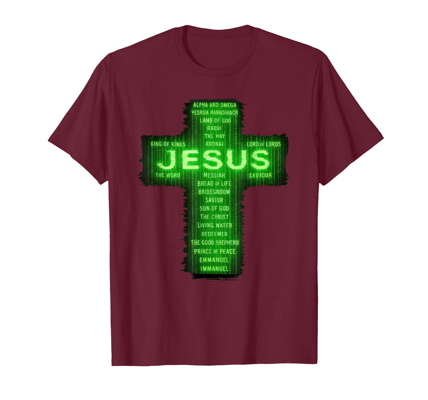 Christian Names of Jesus Cross Striking Digital Falling Code T-Shirt
