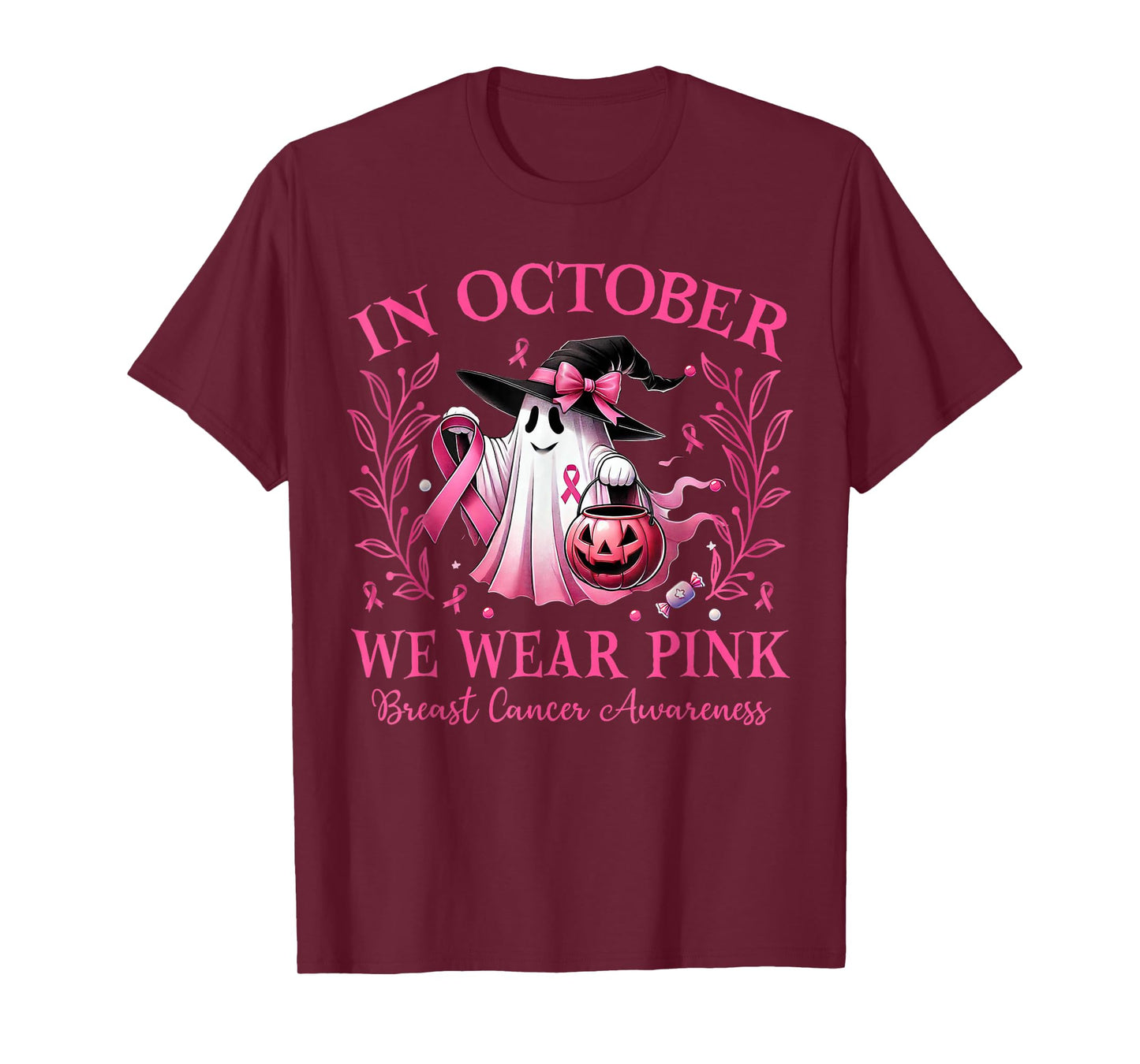 in October We Wear Pink Ghost Witch Breast Cancer Awareness T-Shirt