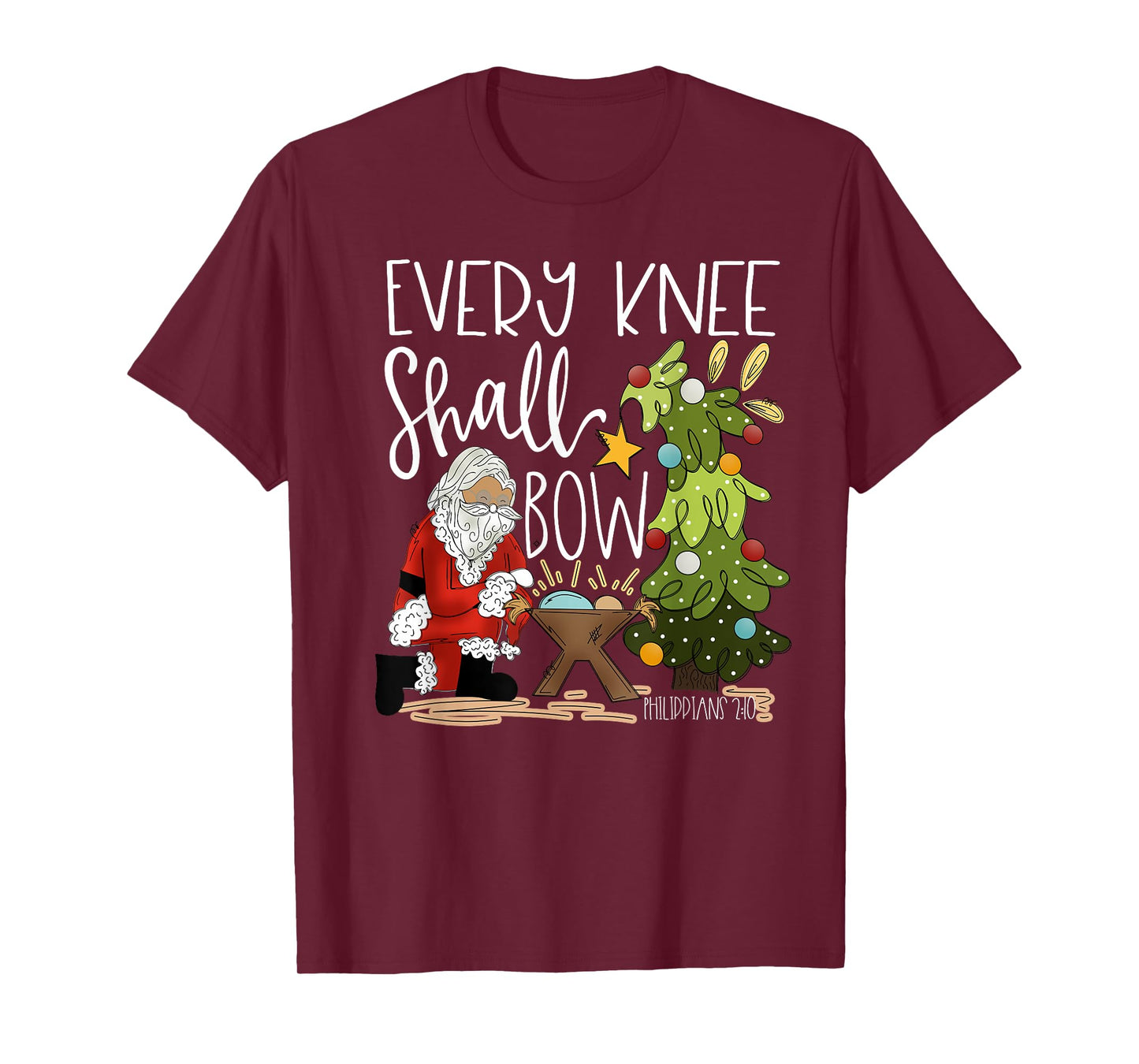 Retro Every Knee Shall Bow Santa Clause Religious Christmas T-Shirt
