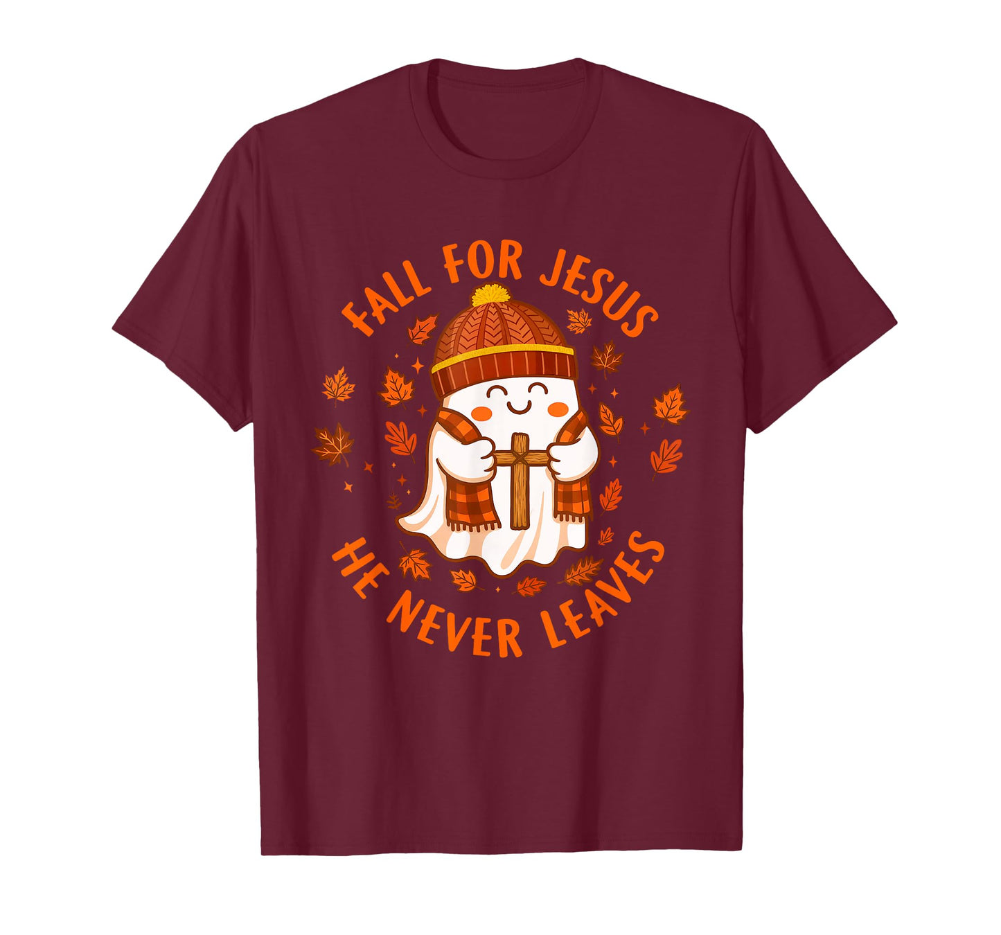 Fall for Jesus He Never Leaves Christian Ghost Halloween T-Shirt