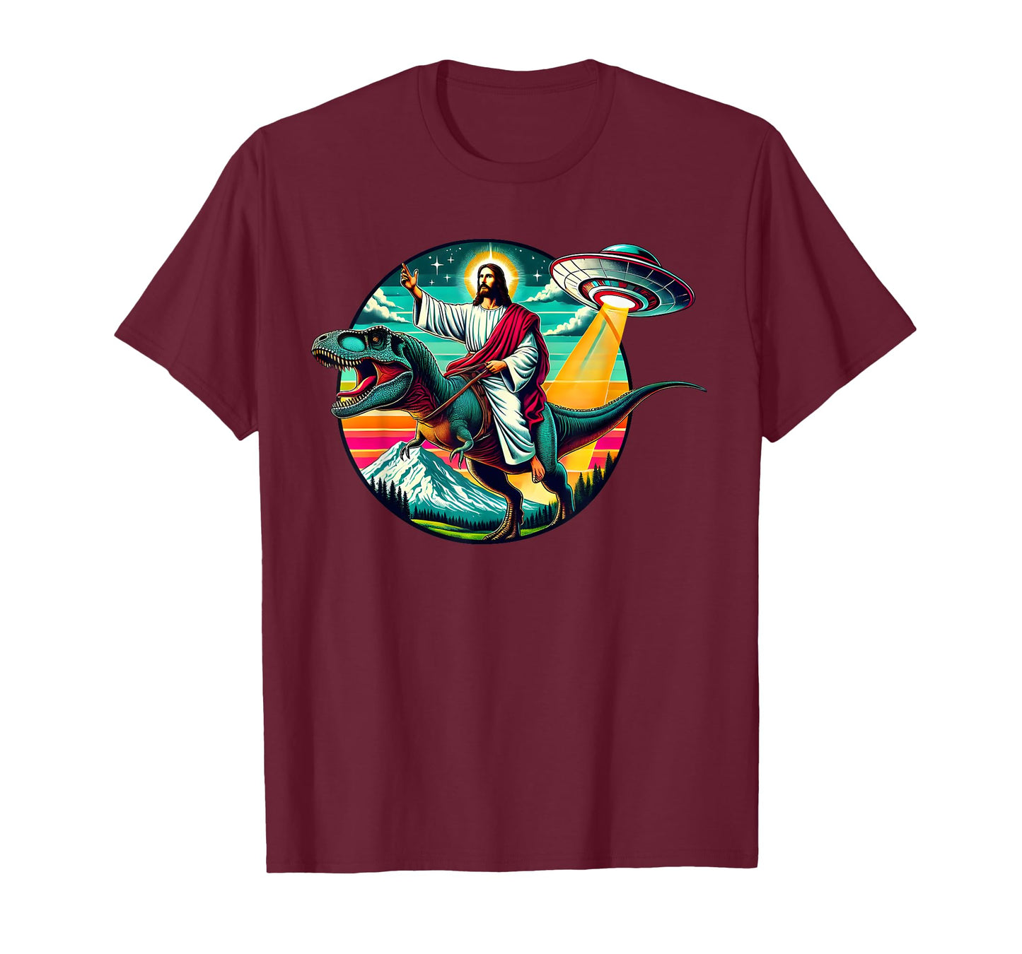 Jesus Riding Dinosaur UFO Alien Cross Religious Retro God T-Shirt