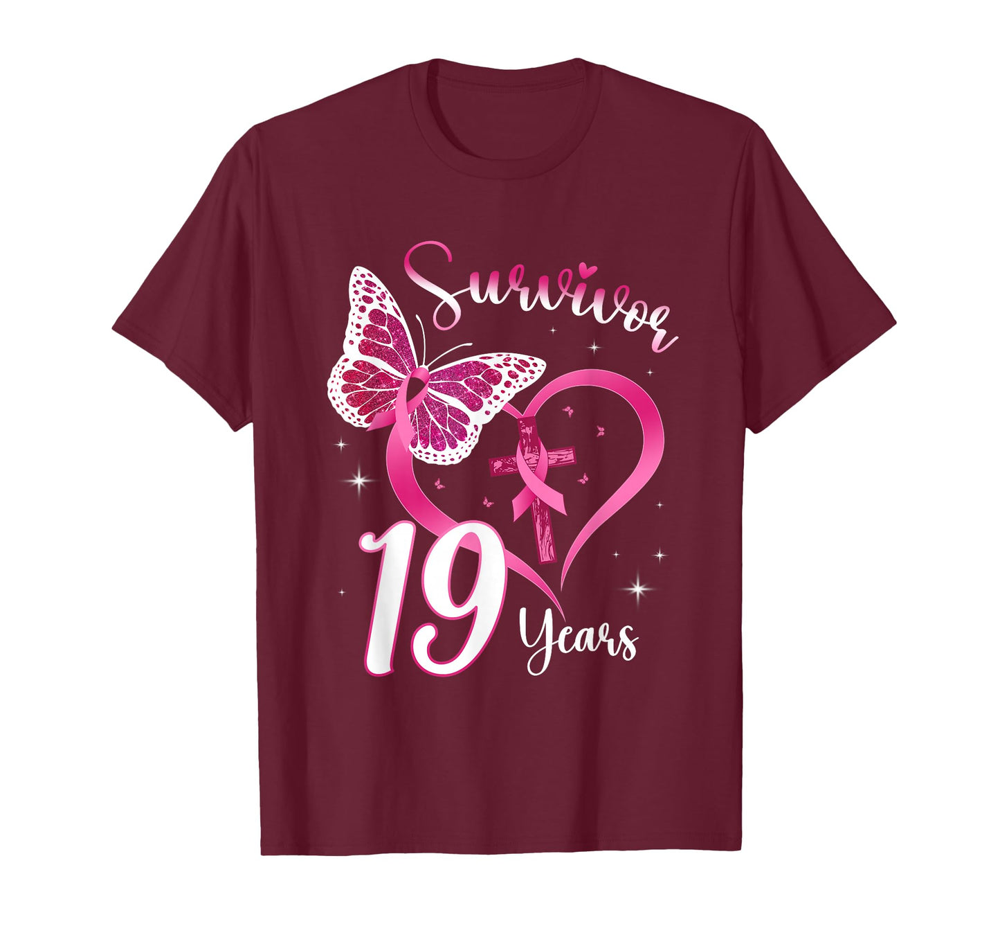 Breast Cancer Survivor Pink Ribbon Butterfly 19 Years Gift T-Shirt