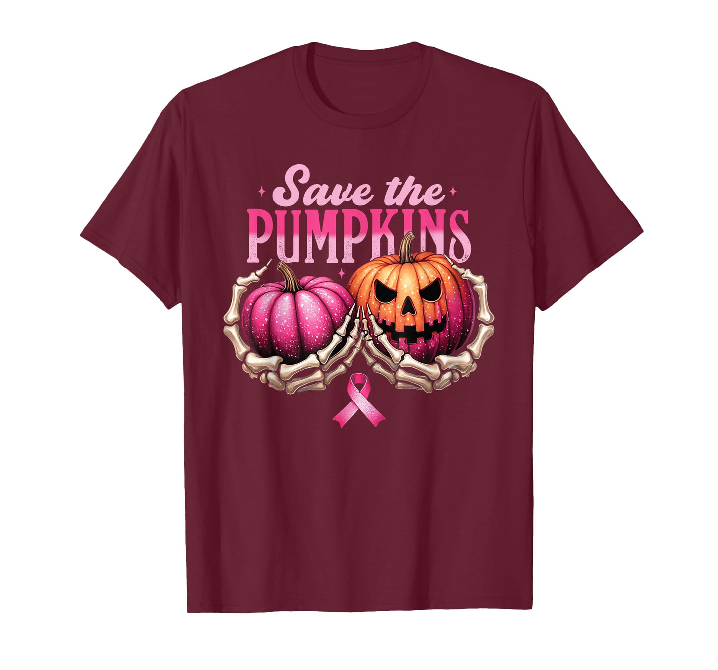 Save The Pumpkins Skeleton Hand Hold Breast Cancer Halloween T-Shirt