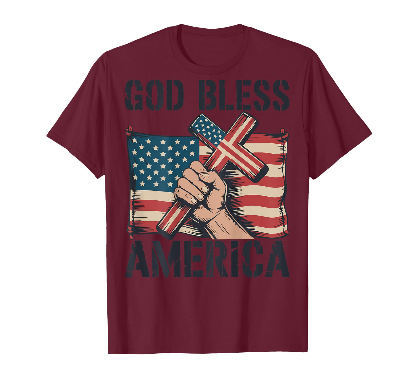 Mens God Bless American Flag Christian Patriotic Cross Jesus T-Shirt
