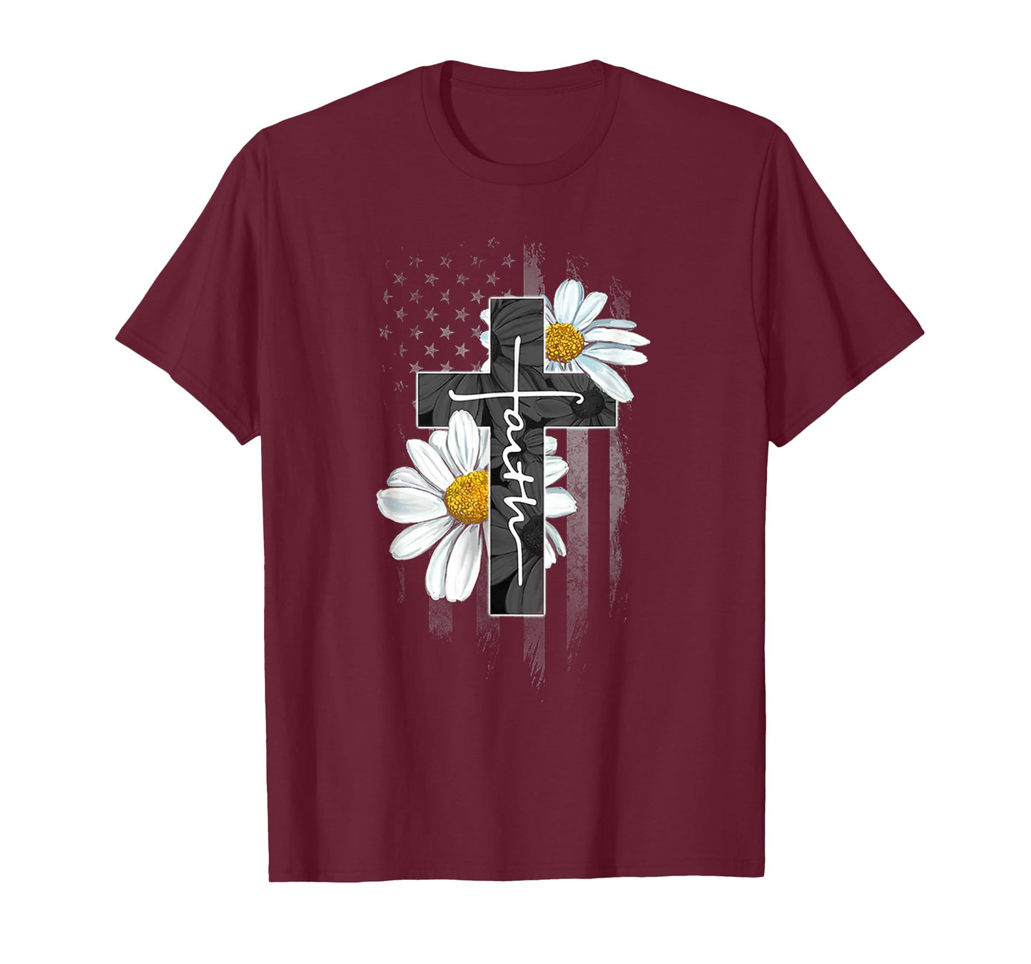 Faith Cross Christian Daisy Flower American Flag T-Shirt for Women Men