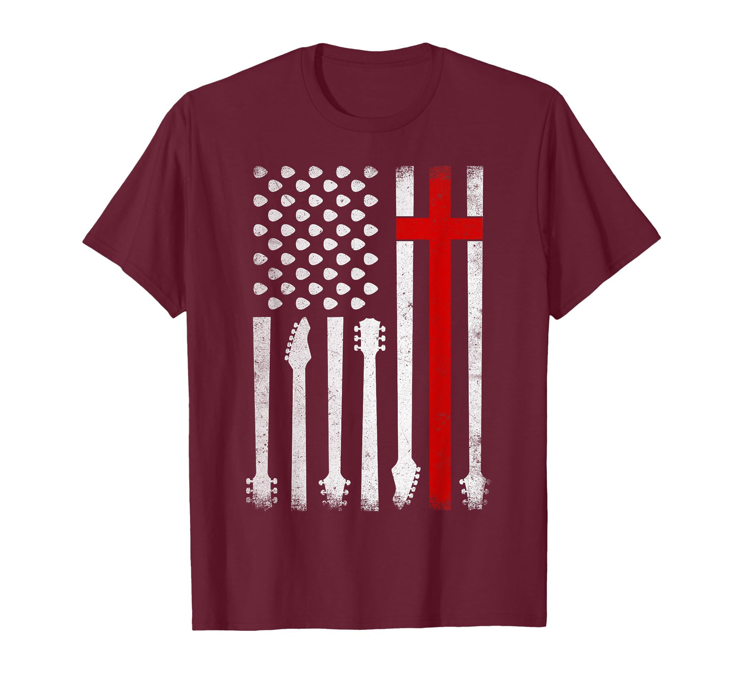 Vintage Guitar Cross US Flag Patriotic Christian Worship Women Kids Men T-Shirt