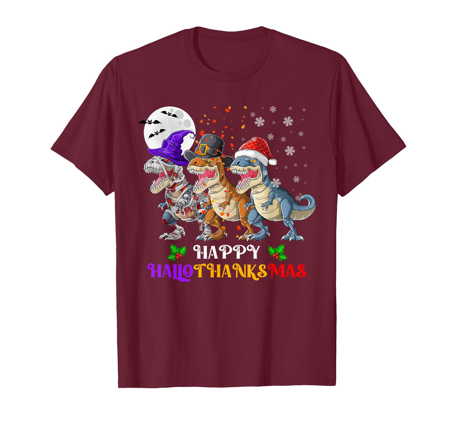 Happy Hallothanksmas Dinosaur Halloween Thanksgiving Xmas T-Shirt