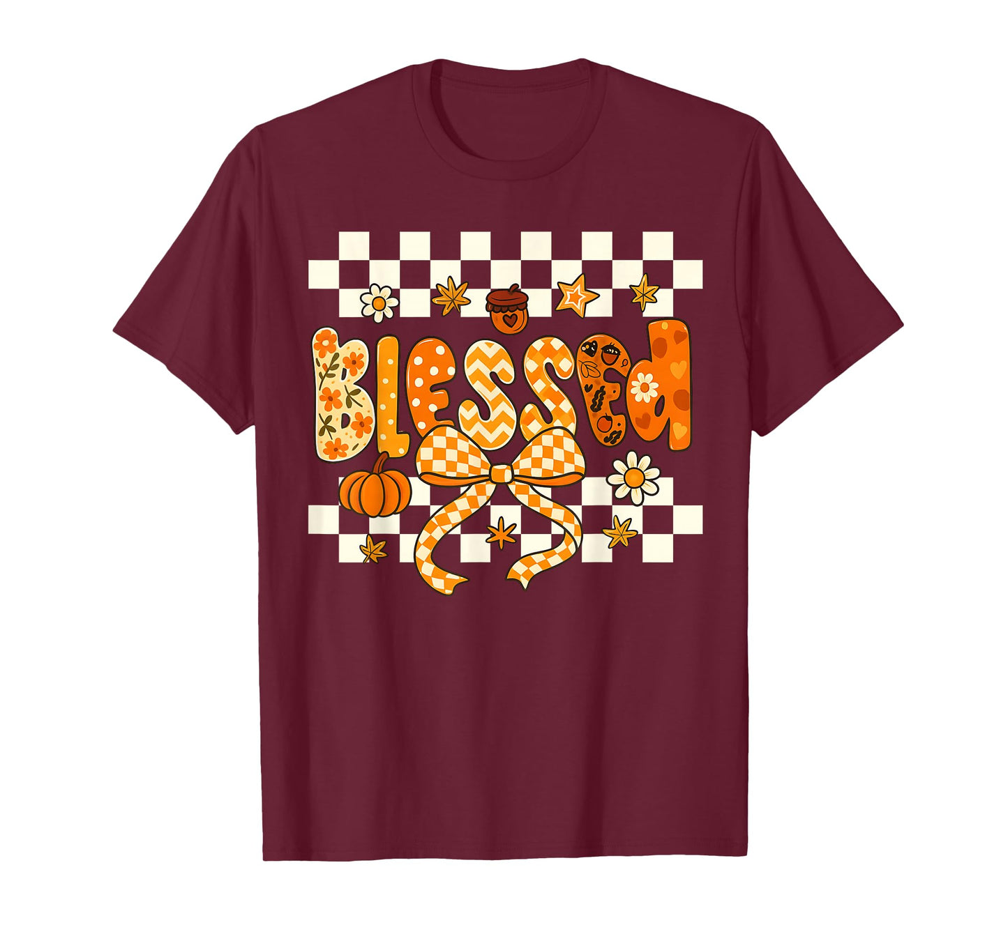 Blessed Checkerboard Pumpkin Autumn Christian Fall Thankful T-Shirt