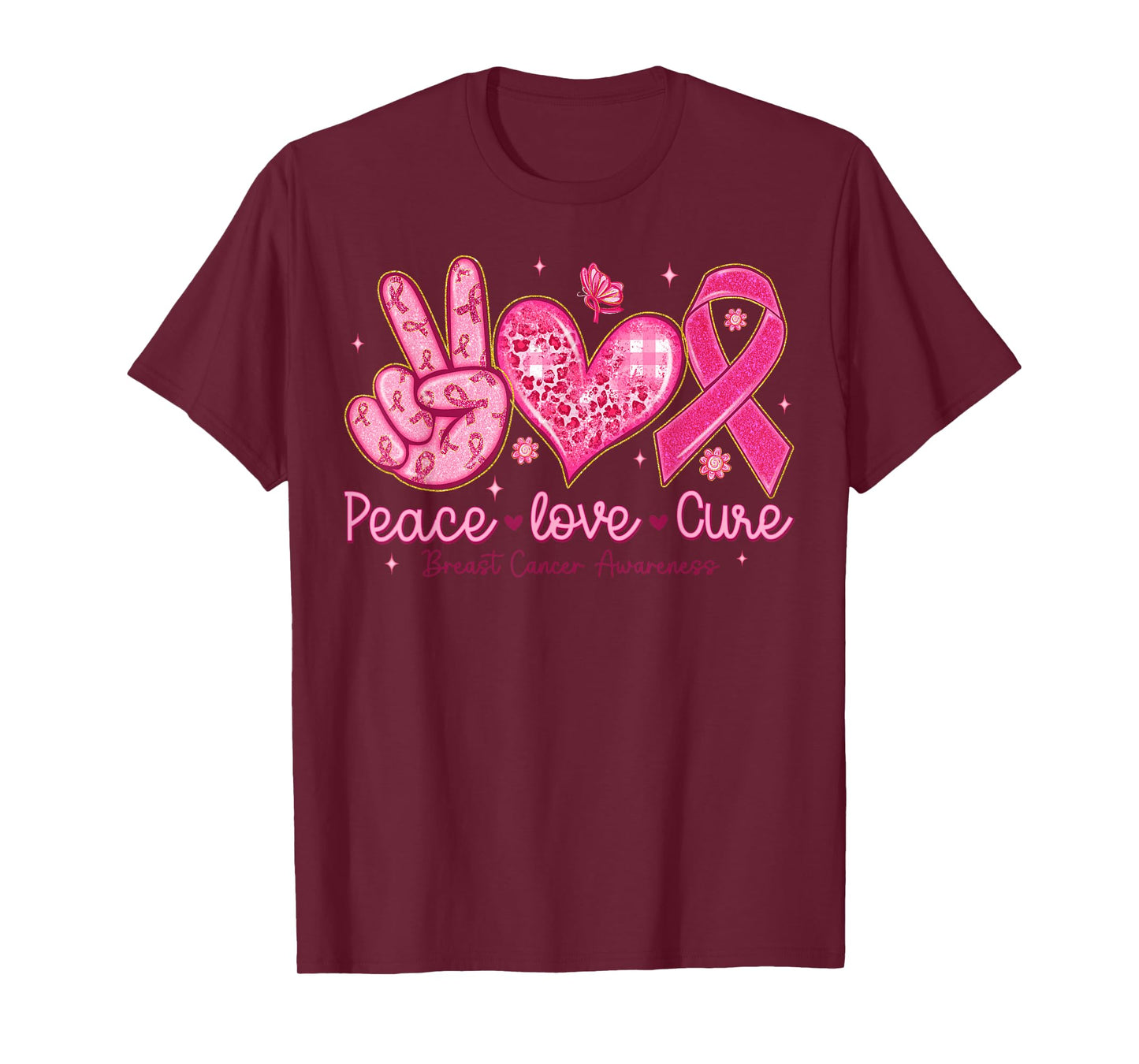Breast Cancer Awareness Pink Ribbon Peace Love Cure Faith T-Shirt
