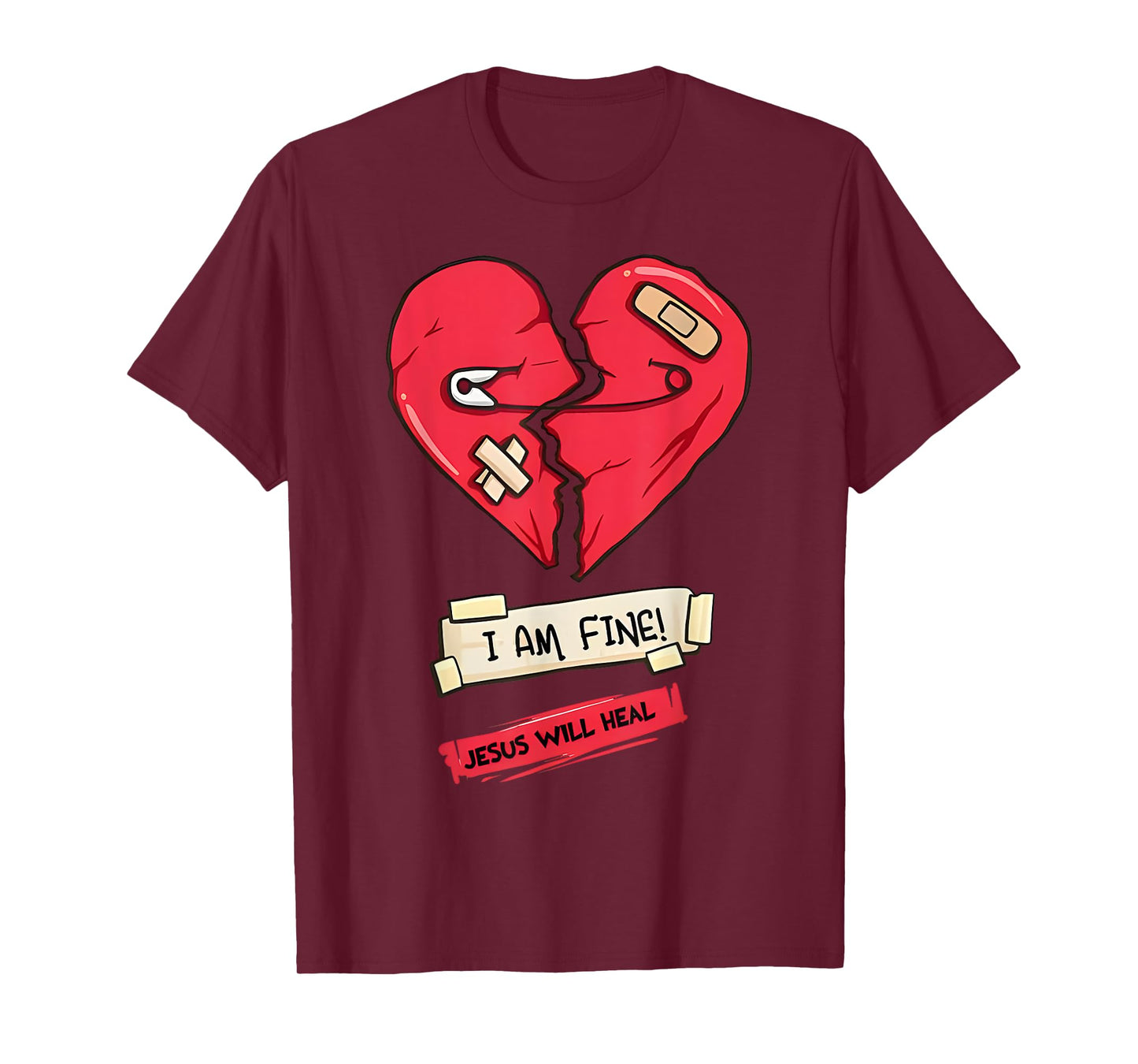 i am fine jesus will heal safety pin broken heart bandaids T-Shirt