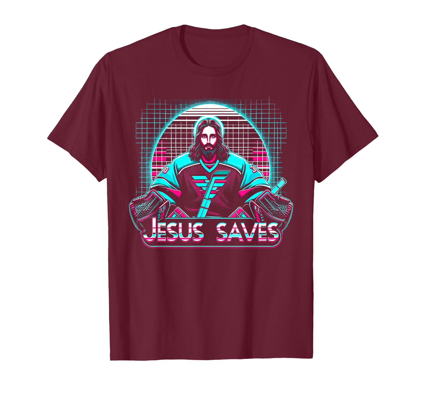 Vaporwave Jesus Saves Ice Hockey Goalie T-Shirt