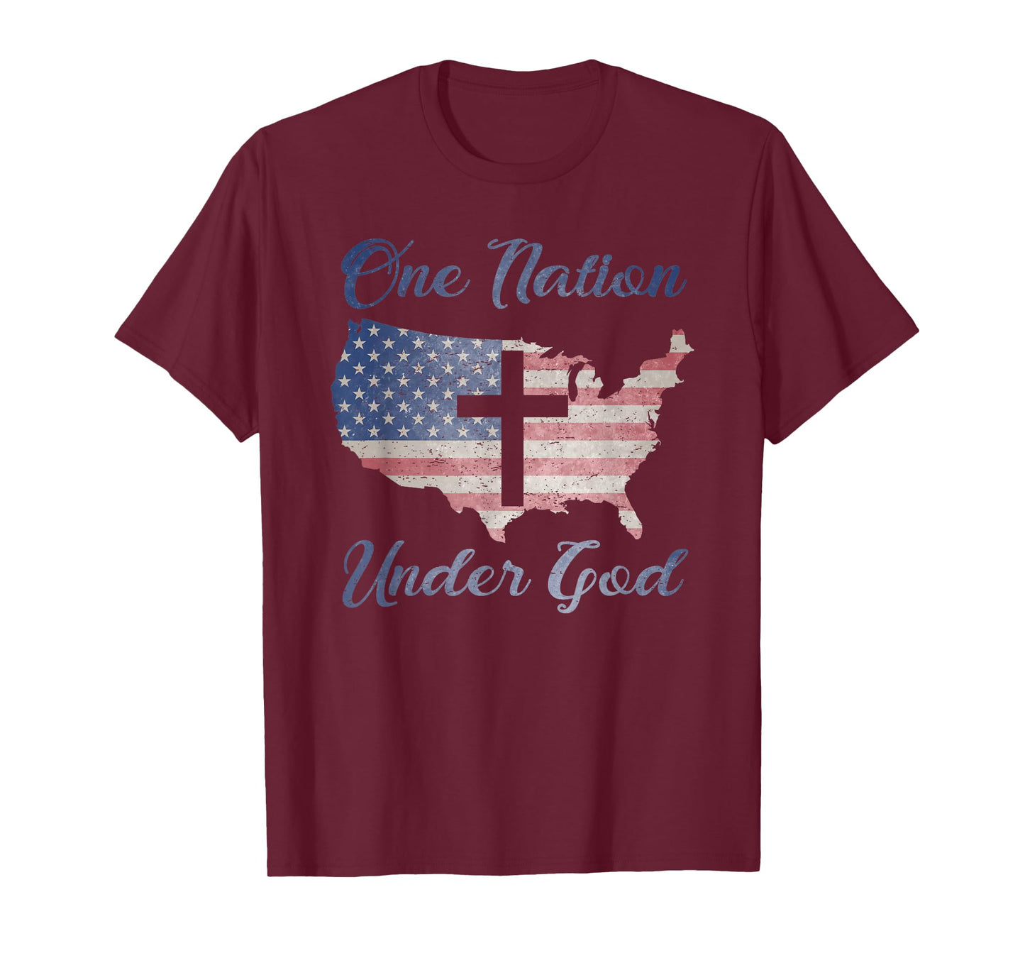 ONE NATION UNDER GOD Christian Cross American Flag USA Map T-Shirt