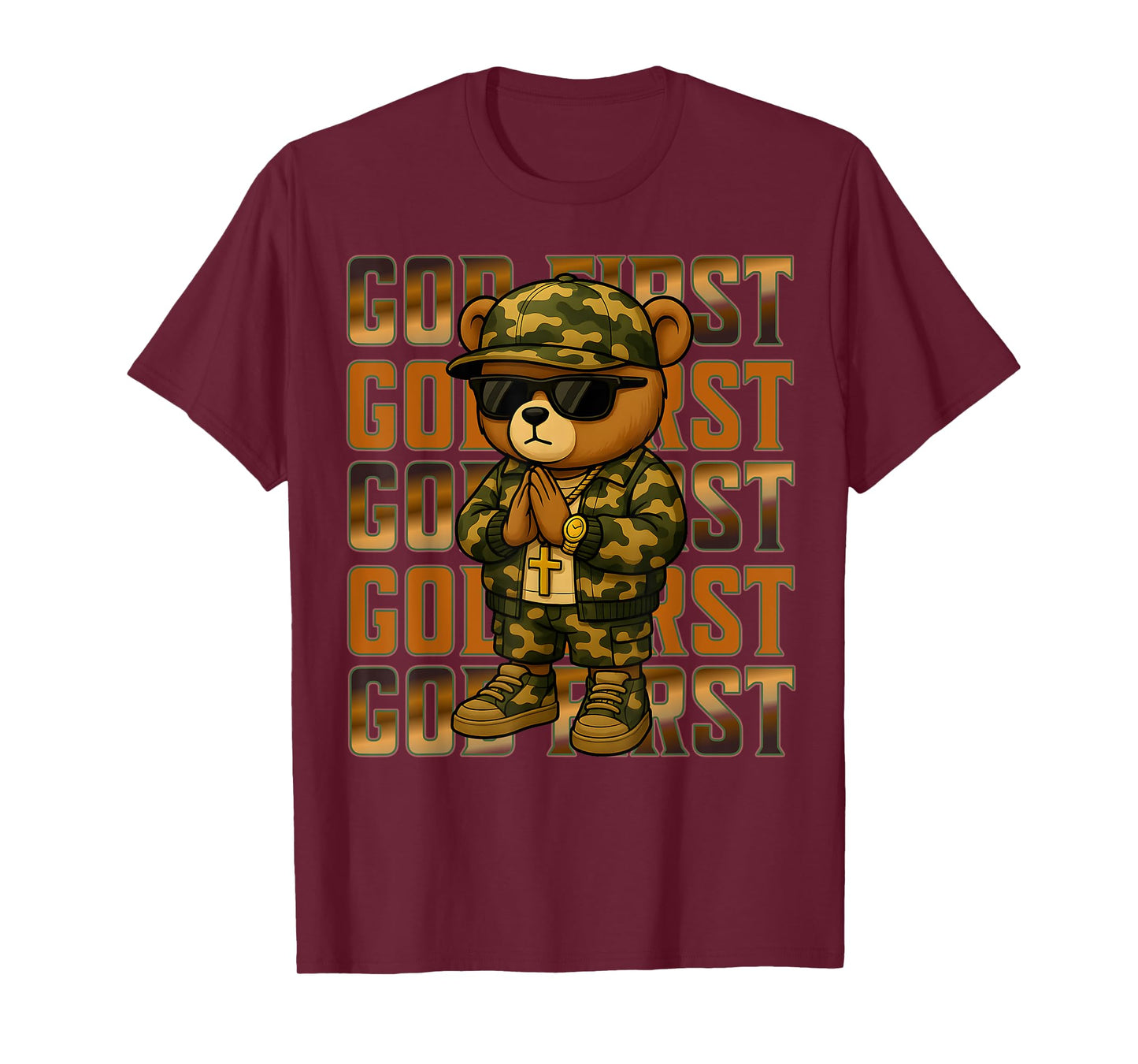 God First Camo Hip Hop Teddy Bear Christian Streetwear Men's T-Shirt