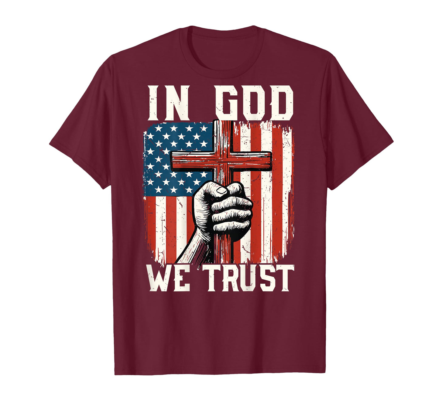 On-Back in God We Trust Patriotic Christian Cross USA Flag T-Shirt