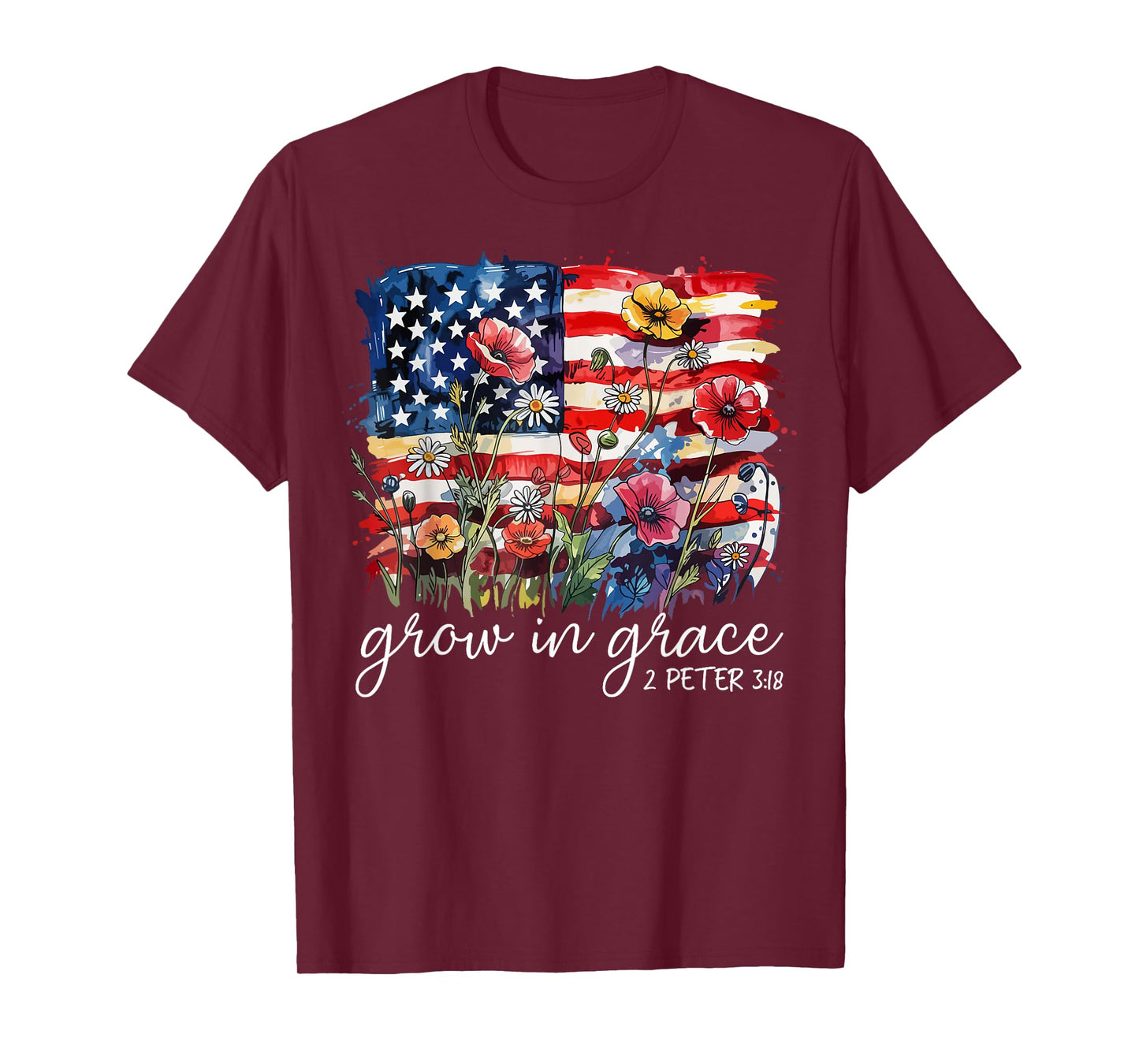 USA Flag Wildflower Grow In Grace Religious Faith Christ T-Shirt