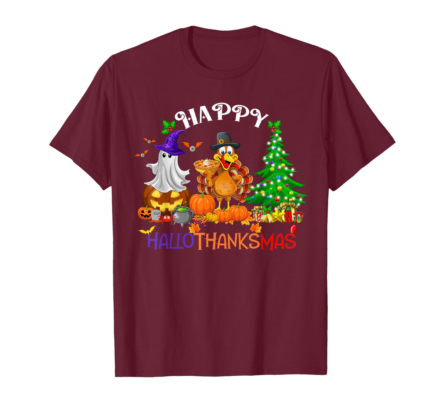 Retro Halloween Thanksgiving Christmas Happy HalloThanksMas T-Shirt