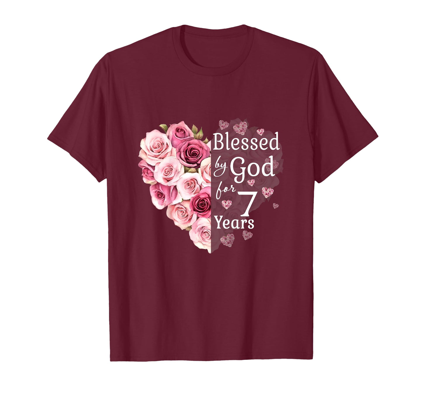 Kids Blessed By God For 7 Years Rose Flower Heart 7th Birthday T-Shirt