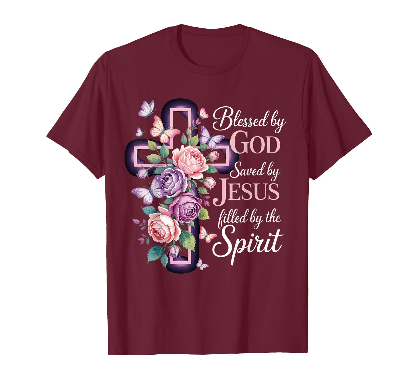 Blessed by God Saved by Jesus Purple Floral Cross Christian T-Shirt