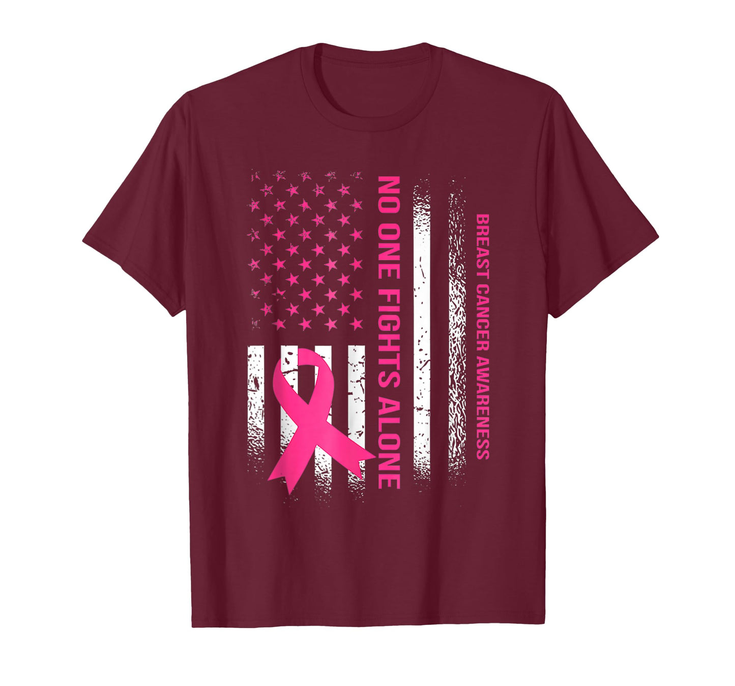 No One Fights Breast Cancer Alone American Flag Pink Ribbon T-Shirt