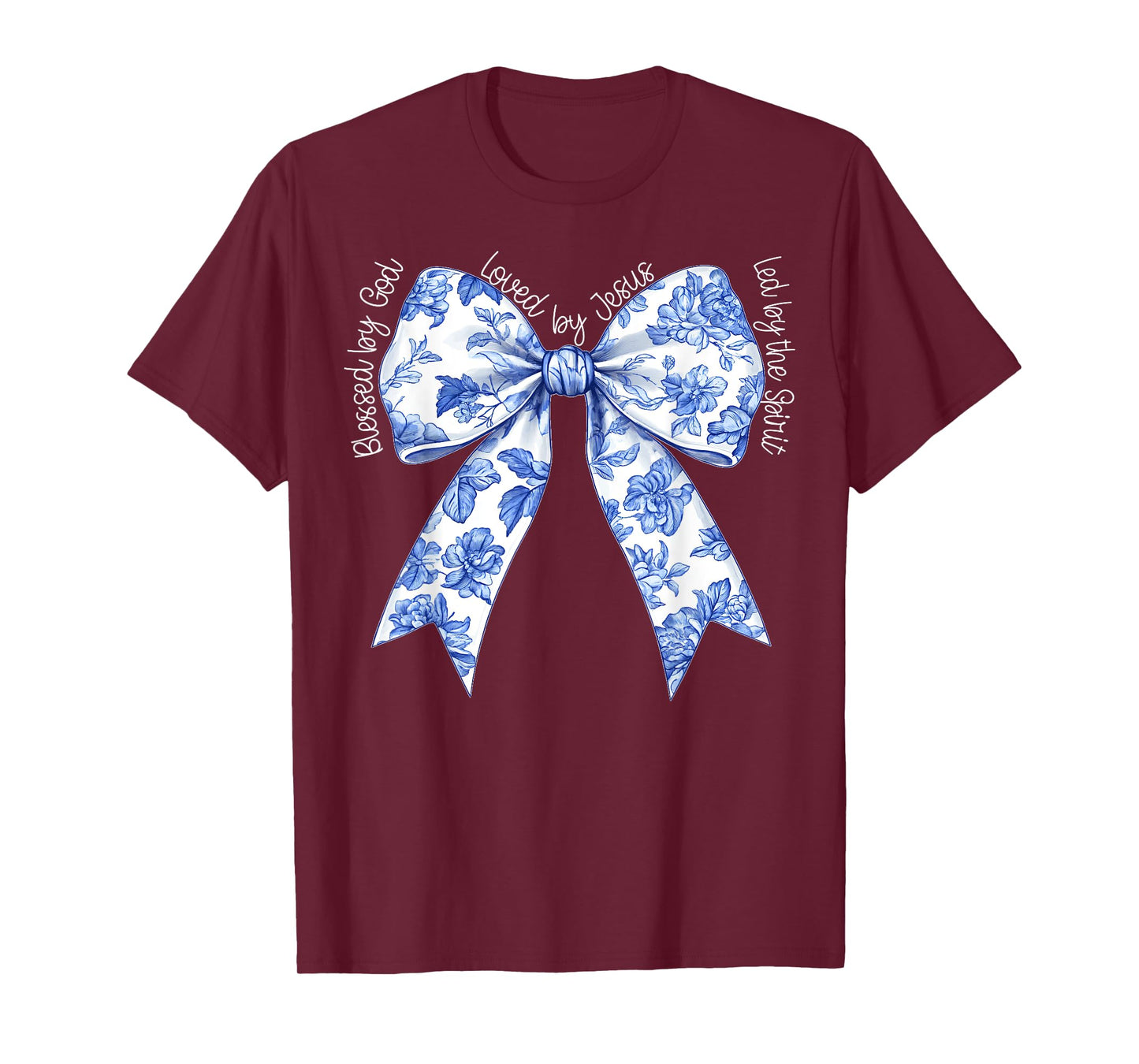 Blessed By God Loved By Jesus Blue Toile Coquette Bow T-Shirt