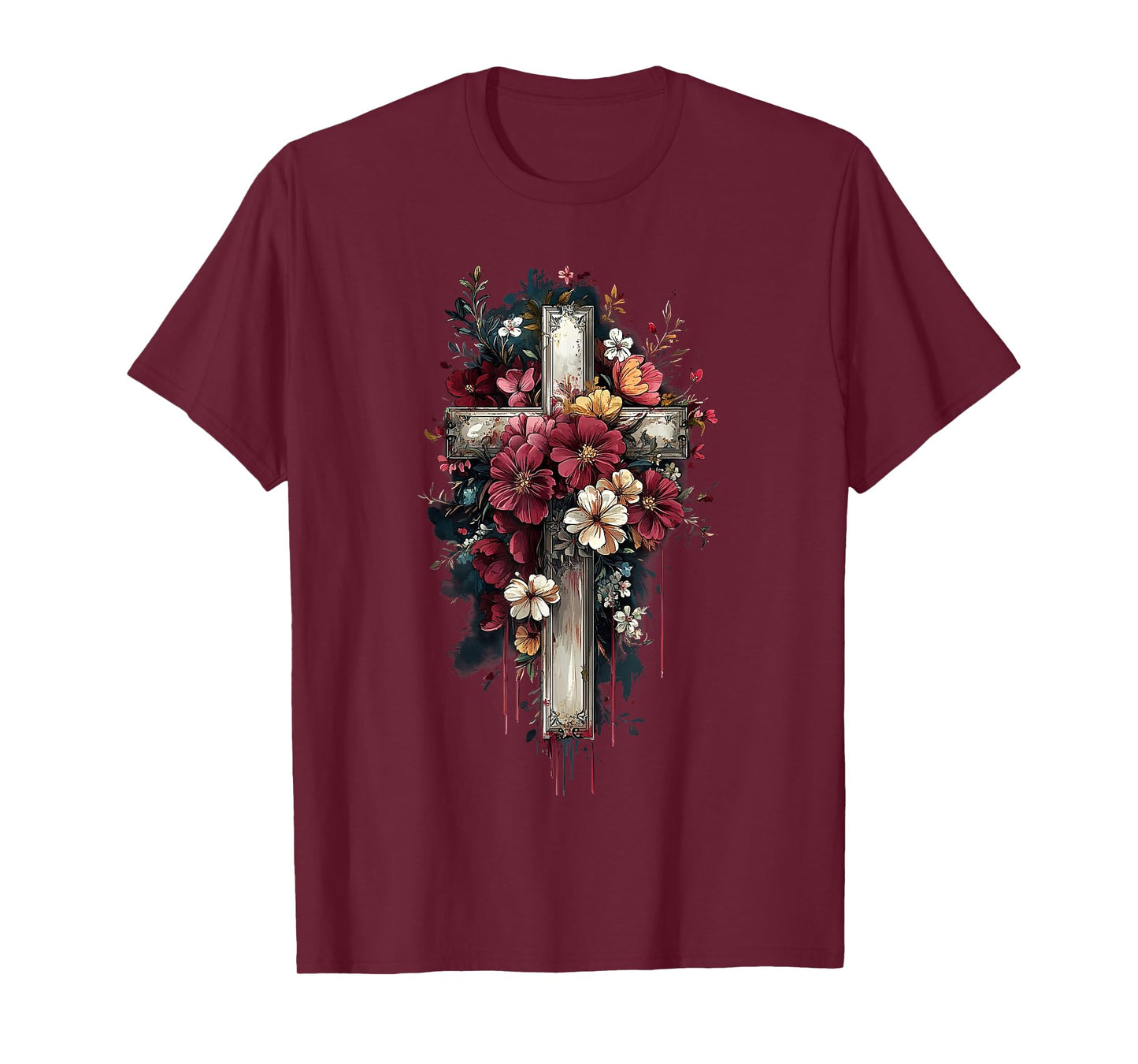 retro faith floral cross printed T-Shirt