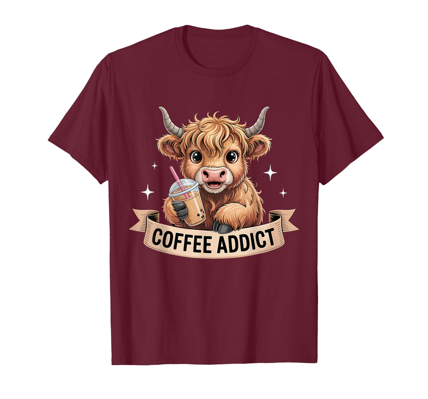 Cute Highland Cow Coffee Addict Funny Drink Coffee Cowgirl T-Shirt