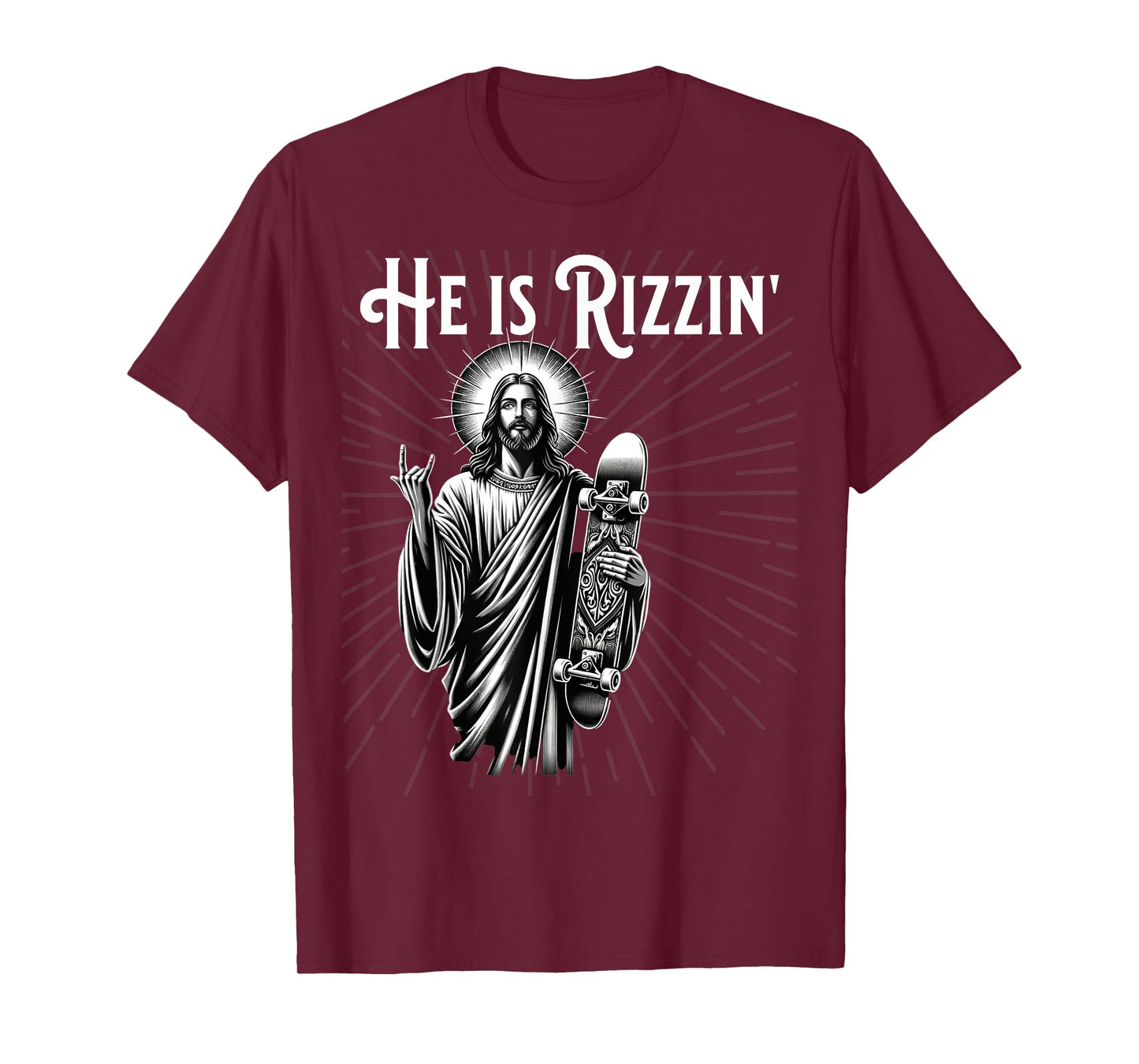 Rizzen Rocker He is Rizzin Funny Jesus Riding Skateboard T-Shirt