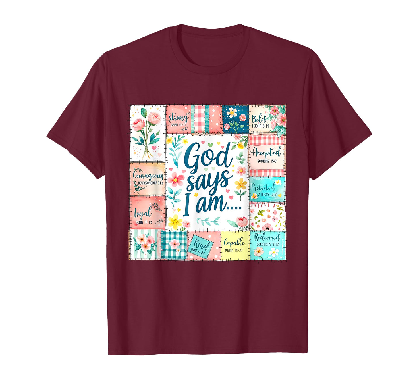 God Says I Am Christian Faith Vintage Floral Patchwork Quilt T-Shirt