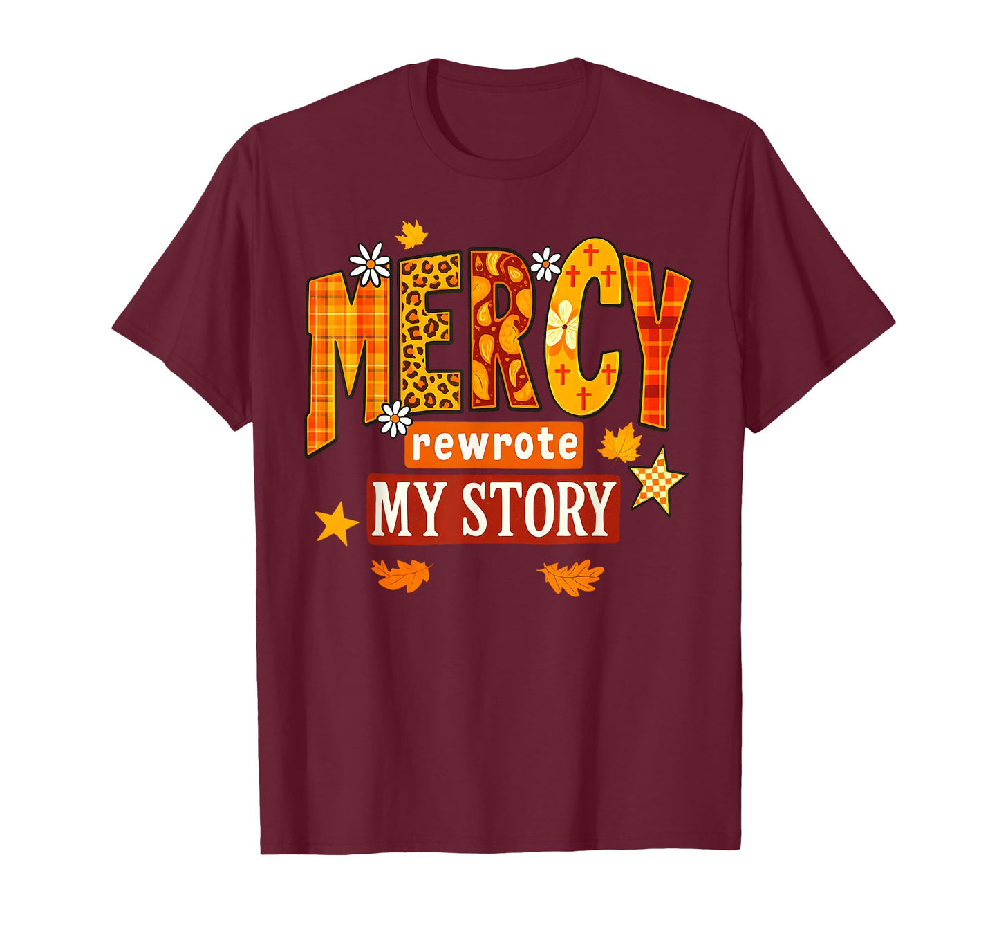 Mercy Rewrote My Story Fall Christian Leopard Autumn Women T-Shirt